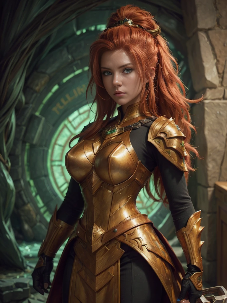 (16k, ultra detailed image), Full-length photo, dungeons and dragons universe, heroic-fantasy, young woman, long red hair, emerald green eyes, paladin, gold Scintillating plate armor, feminine armor, sword and shield