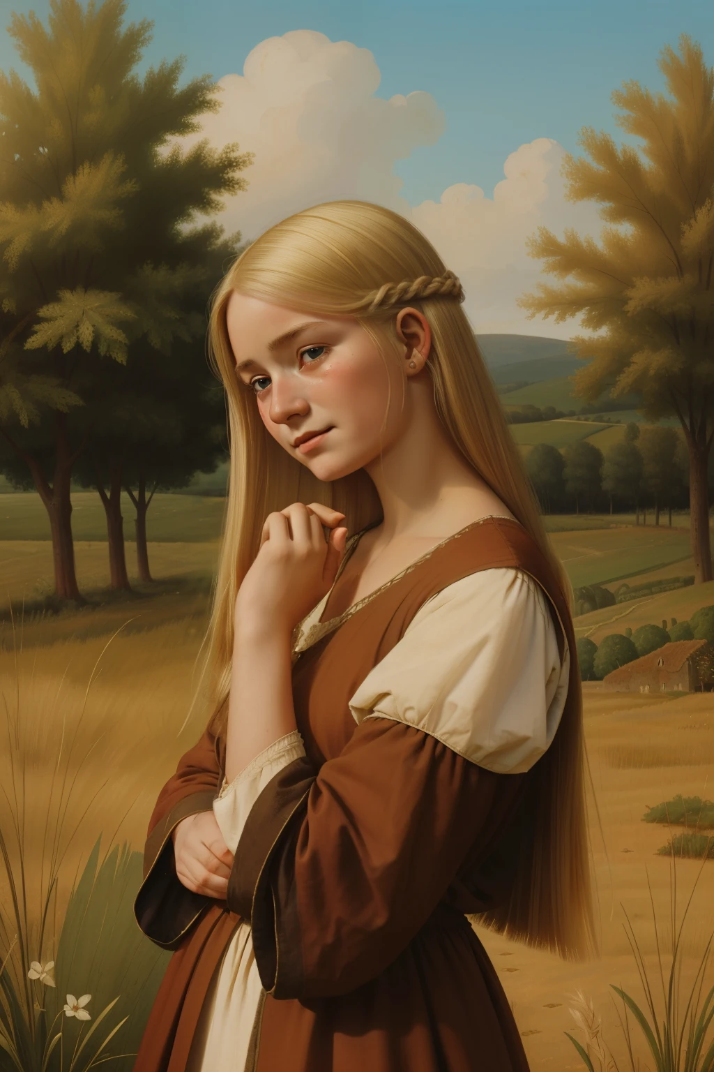 England, 1338. A young ((((19-year-old)) Annet)), rustic, in the fields, ((scared expression, crying)). ((((clothings from the 1300s)))), ((blond hairstyle of the 1300s))
