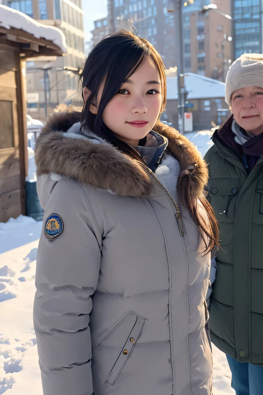1 girl, 30 generations,Down jacket,winter, photograph, realistic, highest quality, hire, detailed face, city,, detailed background, diffused sunlight, written boundary depth, Bokeh