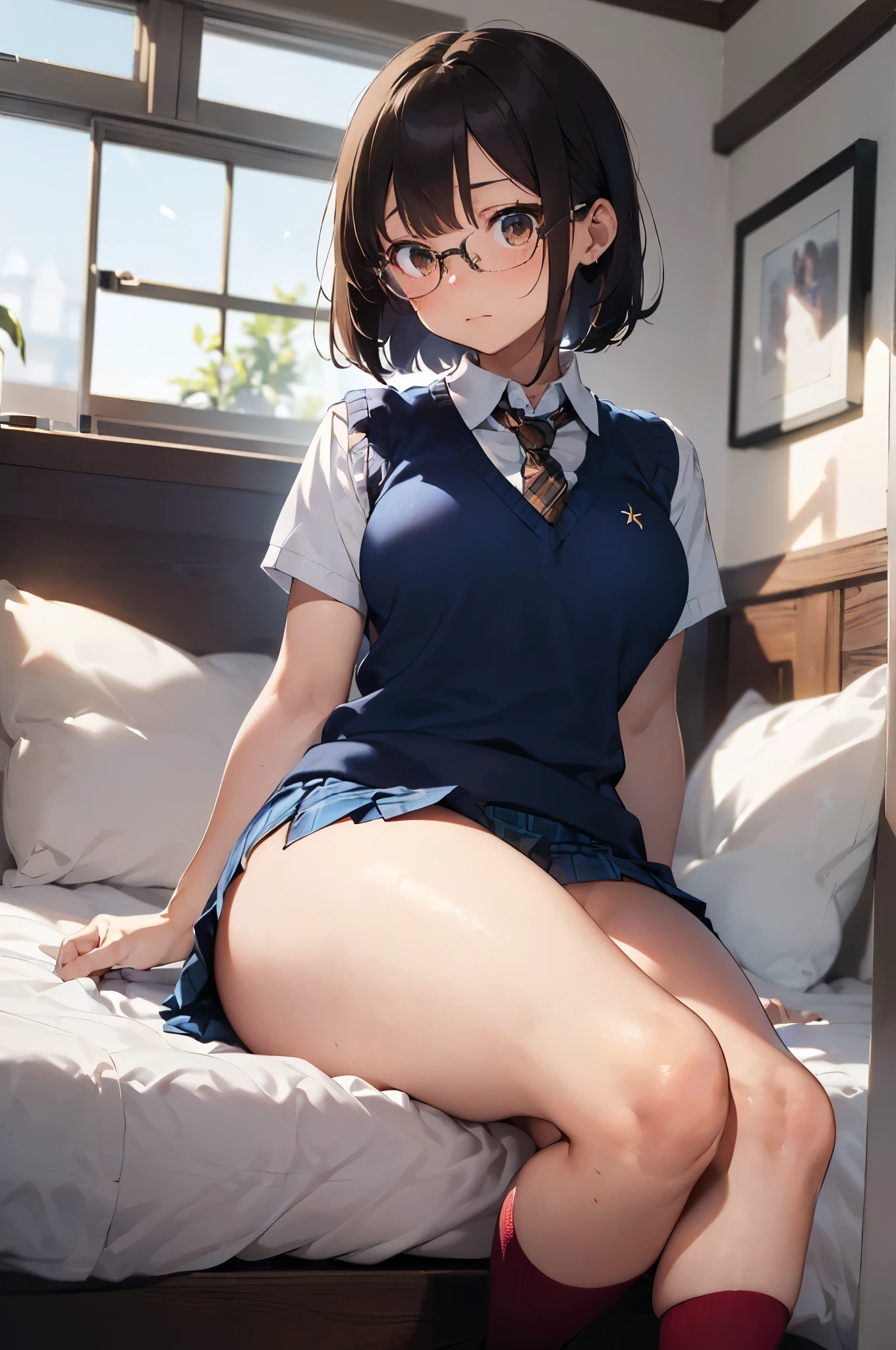 (((master piece))),a very cute girl, stuedent, (troubled face, shy), black bob cut, glasses, (white collar shirt), ((light brown sweater vest, thighs close up, twilight)), (tie, navy blue plaid skirt), lying on back, bedroom, (((thick thighs, medium breasts, bare thighs, bare legs))), (dynamic angle),