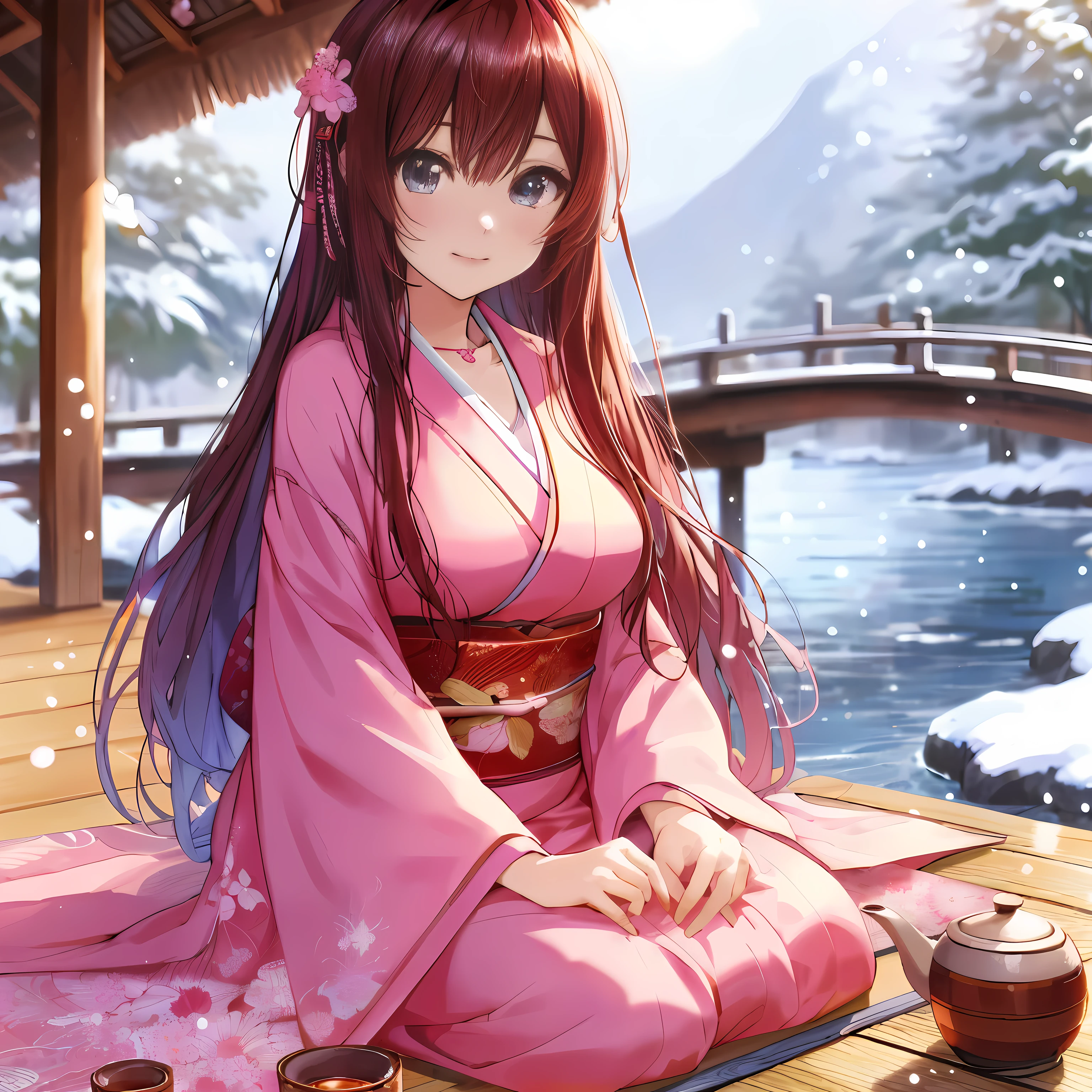 Anime girl in pink kimono sitting on wooden deck drinking tea, Beautiful anime girl, anime style 4k, Cute anime waifu wearing nice clothes, anime long hair girl, cute anime girl, Beautiful anime woman, beautiful anime girl, Beautiful anime portrait, Beautiful anime, Attractive anime girl, High quality anime art style, Beautiful anime style, Anime cute art style