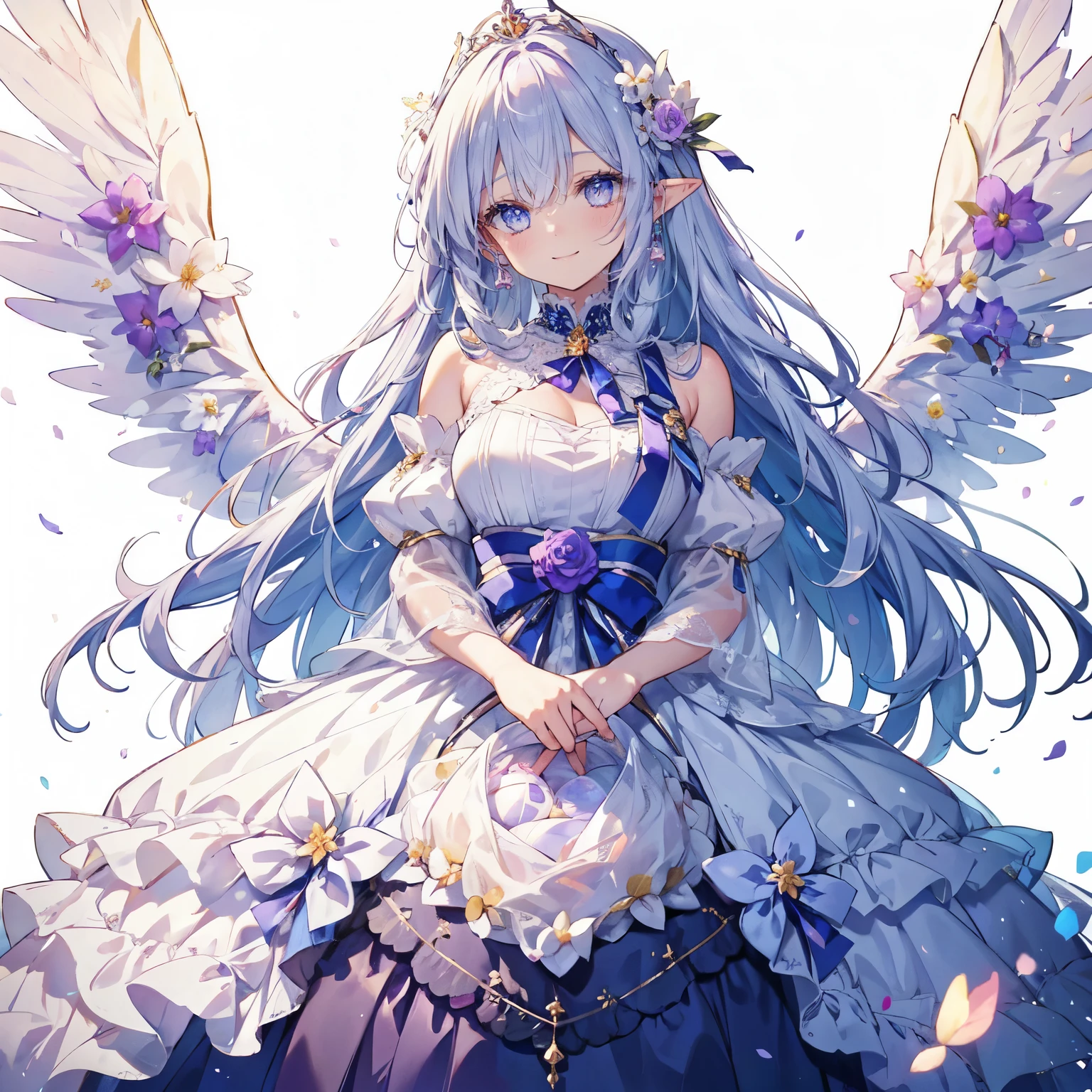 best quality, insanely detailed, beautiful, exquisite, 16K, Full-HD, absurdres,(whitebackground:1.5),soft expression,(((Happy:1.5))),((Sparkling fluffy layered ball gown)),A large and beautiful dress inspired by rose flowers, Hanabubuki,lots of flowers、surrounded by flowers,frills、Intricate billowy ball gown with rhinestones ( table top, art station, fantasy art:1.2), Standing with an elegant smile，pastel colour,((giant white fairy wings))、gradient hair, light blue hair, hair blowing in the wind, wavy hair,fluffy hair,tiara,anklet,lavender eyes, long eyelashes, beautiful purple eyes,light pink cheek,pointy ears, bright eyes, golden hour, shining light, warm lighting,