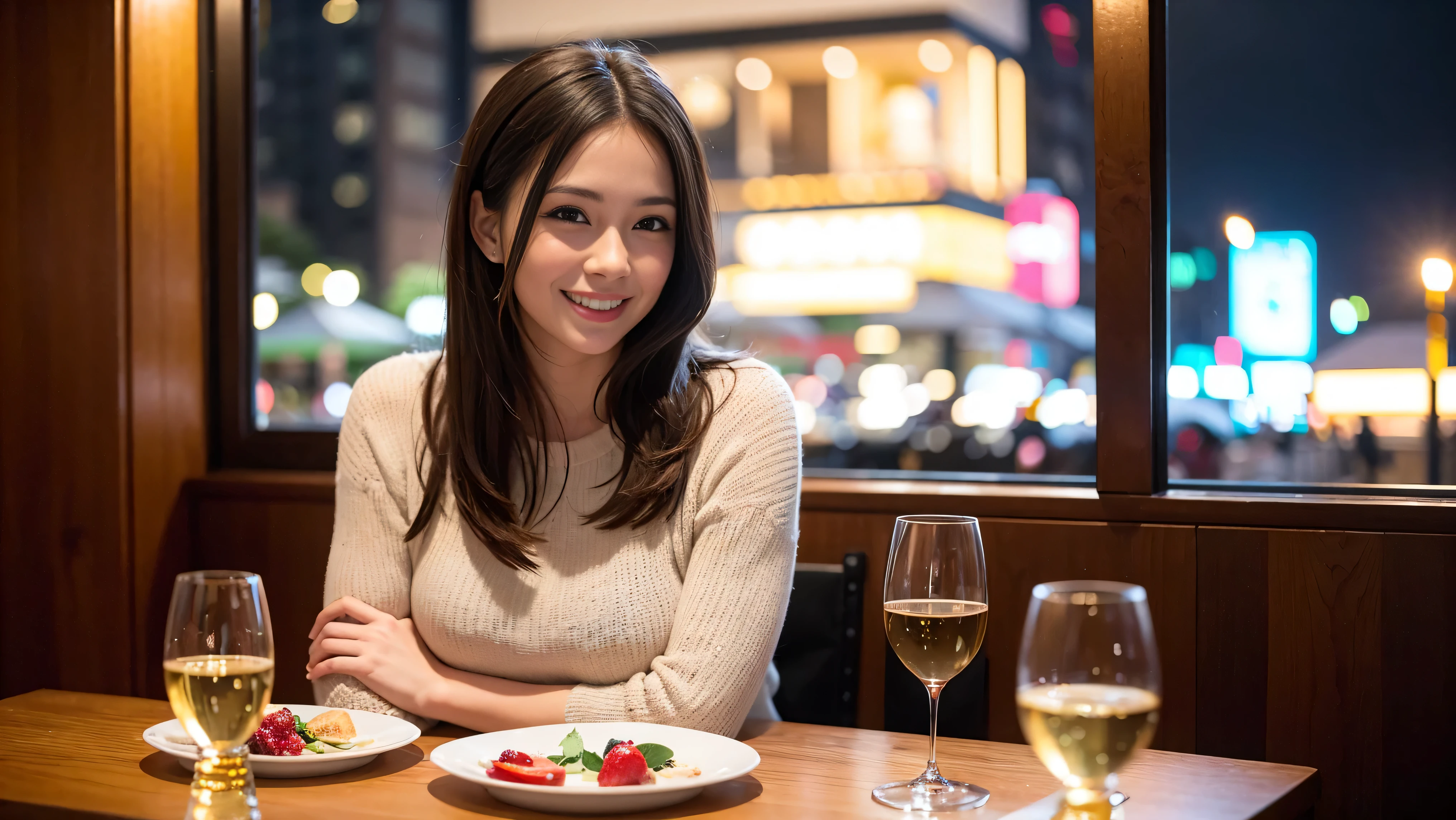 64k, Hmm, highest quality, masterpiece: 1.2), (realistic, photorealistic: 1.37), White wine、red wine、wine glass、wine bottle、sparkling wine、slimな男女4名, Wine Party、(slimフェイス),Happy、 最高なsmile、Fox face、Raccoon face、Berry Short、(because I'thin), (brown hair), (shortcut), long sleeve shirt、winter fashion、Colombian、Brazilian、Japanese、Dutch、German、Portuguese、Belgian、Italian、French,Champagne、sparkling wine、 (gush out), (slimボティ), (brown hair), (shortcut), neat beauty、cheeks turn a little red, (39 years old),41 years old, alone, A beautiful and detailed night view spreads out outside the window...., restaurant, wine glassが座っている, At night, in a prominent place (from the Upper body) nova frog style, actress, model, Upper body, White wine, slim, wine glass, Very beautiful night view, wine glass Put in the Middle, Happy smile, (smile: 1.15),