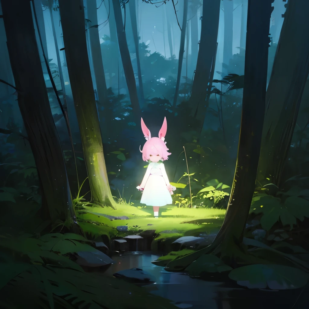 pastel colour切り株の精霊、pastel colourの探検家の美少女、、pastel colour、pastel colourの髪の毛、pastel color forest eyes widen、Have fun、pastel colour森、pastel colourの植物、、pastel colourの花、deep in the forest、There is a shining stump in the center、A small spirit on the stump、Surprised explorer beautiful girl