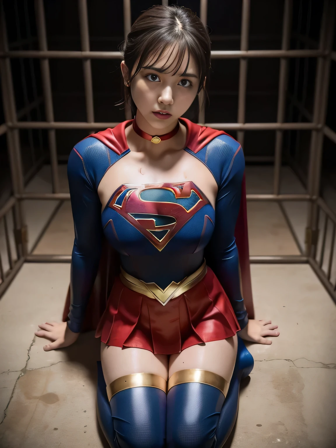 masterpiece、supergirl costume、short hair、barefoot、big and full breasts、Crisis situation、Surrender、prison、in a cage、imprisonment、kneel down、sweaty、shiny、looking at camera、Seduce、choker、long sleeve、red sexy pose、POW camps