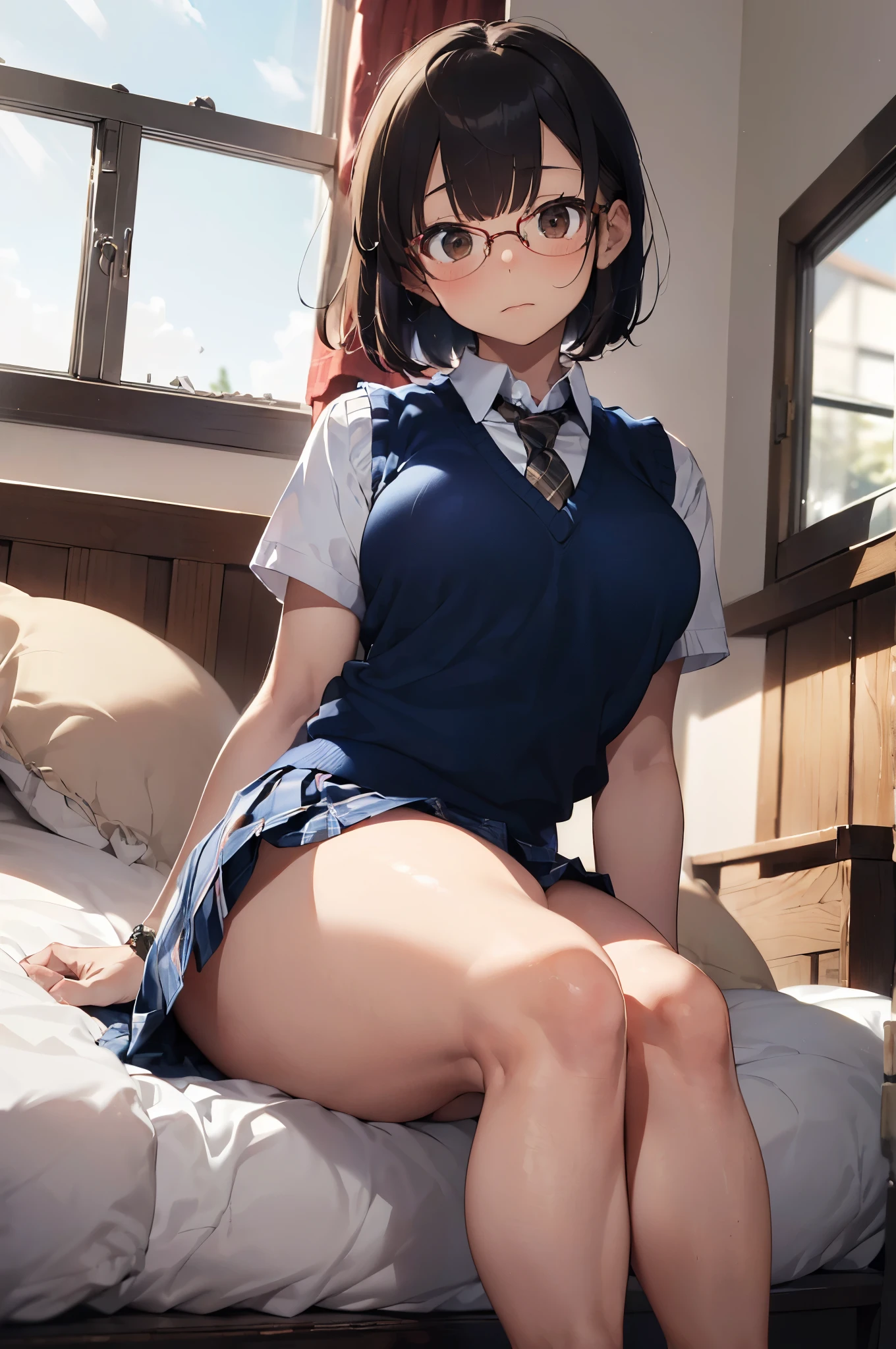 (((​master piece))),a very cute girl, yo stuedent, (troubled face, shy), black bob cut, glasses, (white collar shirt), ((light brown sweater vest, thighs close up, twilight)), (tie, navy blue plaid skirt), lying on back, bedroom, (((thick thighs, medium breasts, bare thighs, bare legs))), (dynamic angle),