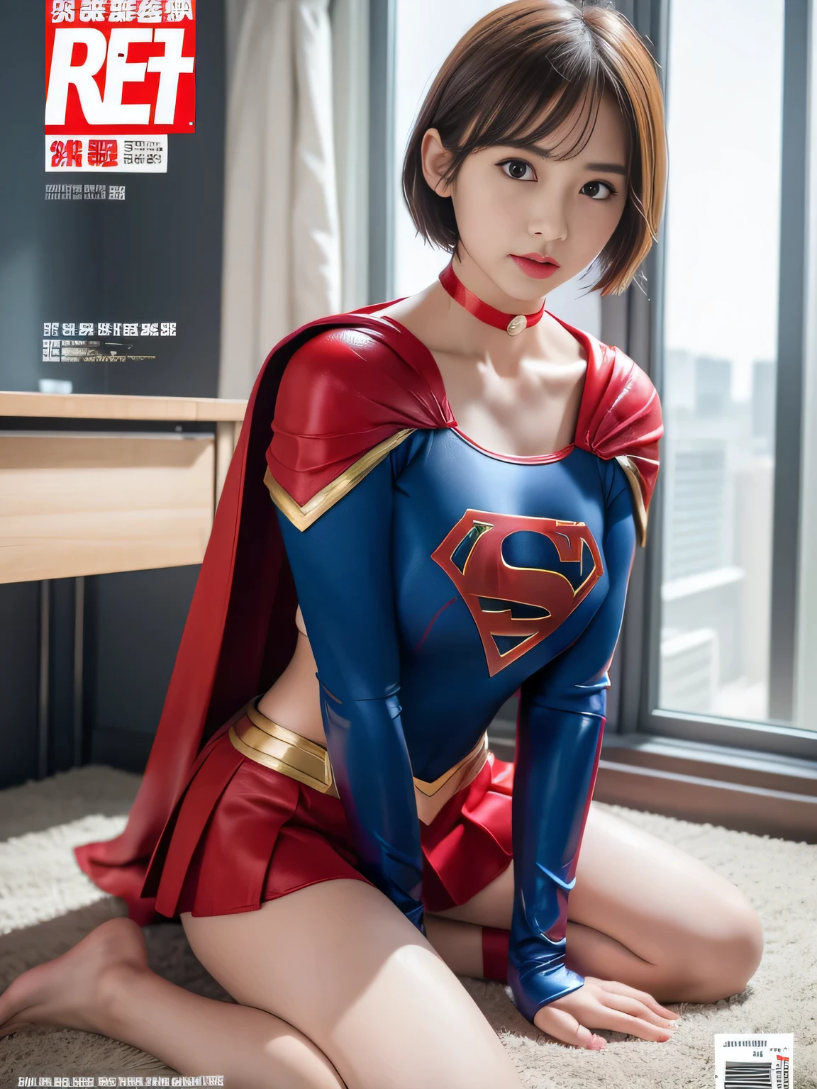 masterpiece、supergirl costume、short hair、barefoot、big and full breasts、Crisis situation、operating room、operating table、straddle、Sweat、shiny、look at the camera、provocation、Estrus、choker、Weekly magazine cover、long sleeve、red mini skirt、obscene pose、Seduce、