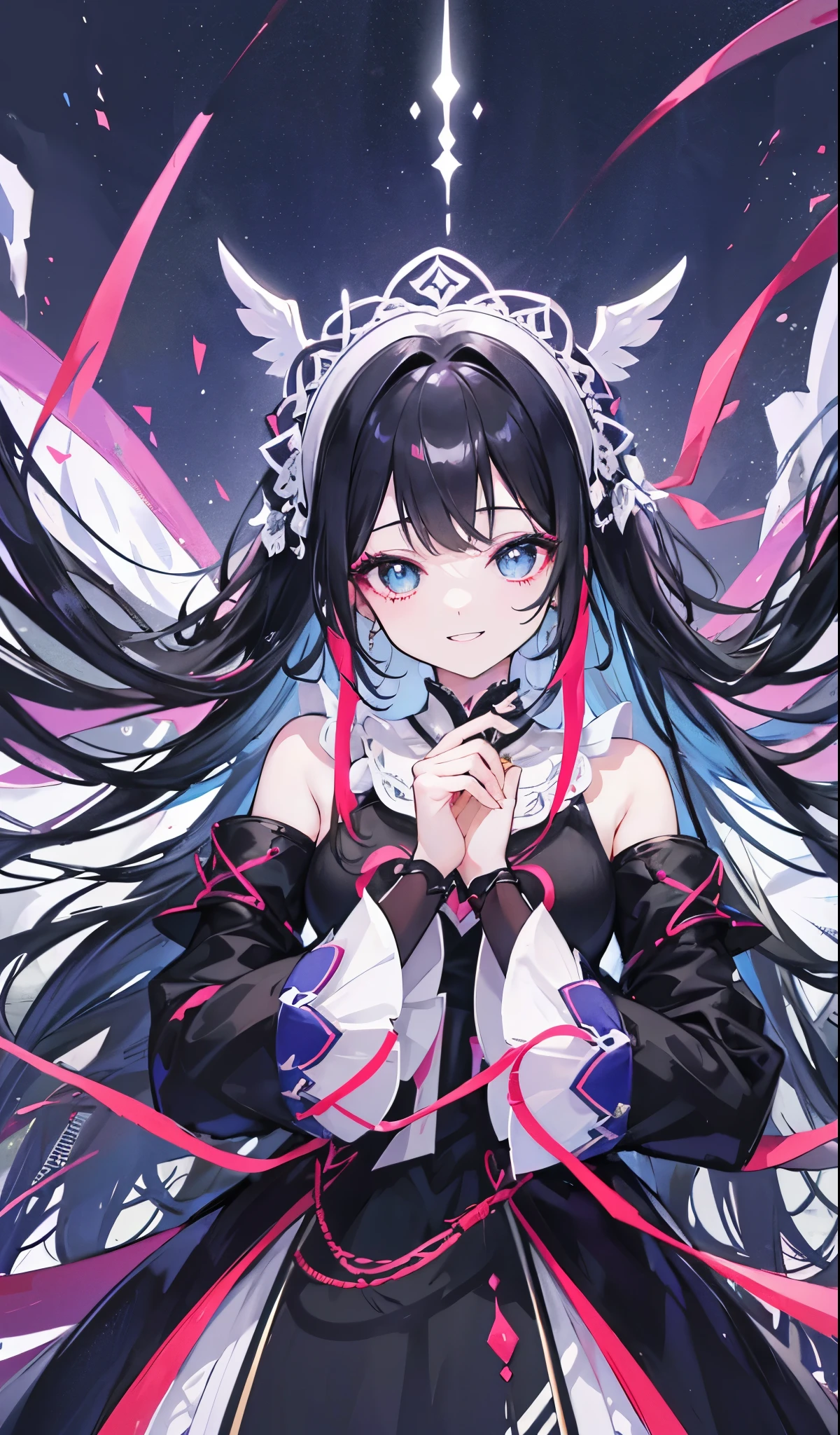 black hair、colorful mesh、night空のイメージ、perfect anatomy、luxurious dress、Transparent background、delicate hair、narrow eyes、colorful eyes、Upper body、masterpiece、(((Highest image quality)))、smiling showing teeth、night、