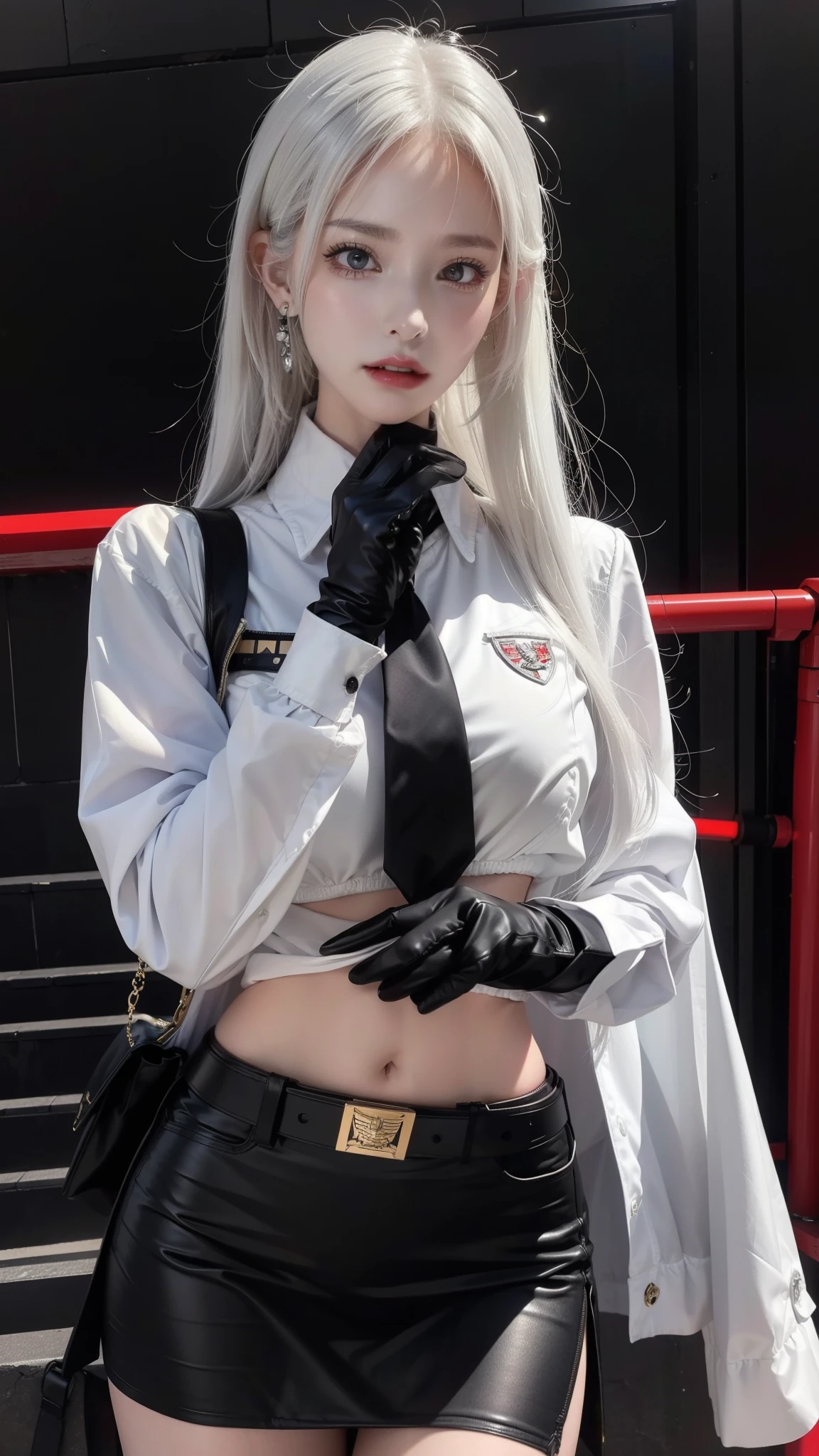 masterpiece,Perfect image quality,2048 resolution,1 girl, vampire girl,Close-up shot, (white hair, medium hair, big breasts, red eyes), perfect anatomy, City, cyberpunk style, ((White shirt, black jacket, black skirt, navel, belt, black gloves, tie, watch, earrings, Transparent black)), ((holding a gun)), war, City廢墟, on the battlefield, rubble, building,cigarette