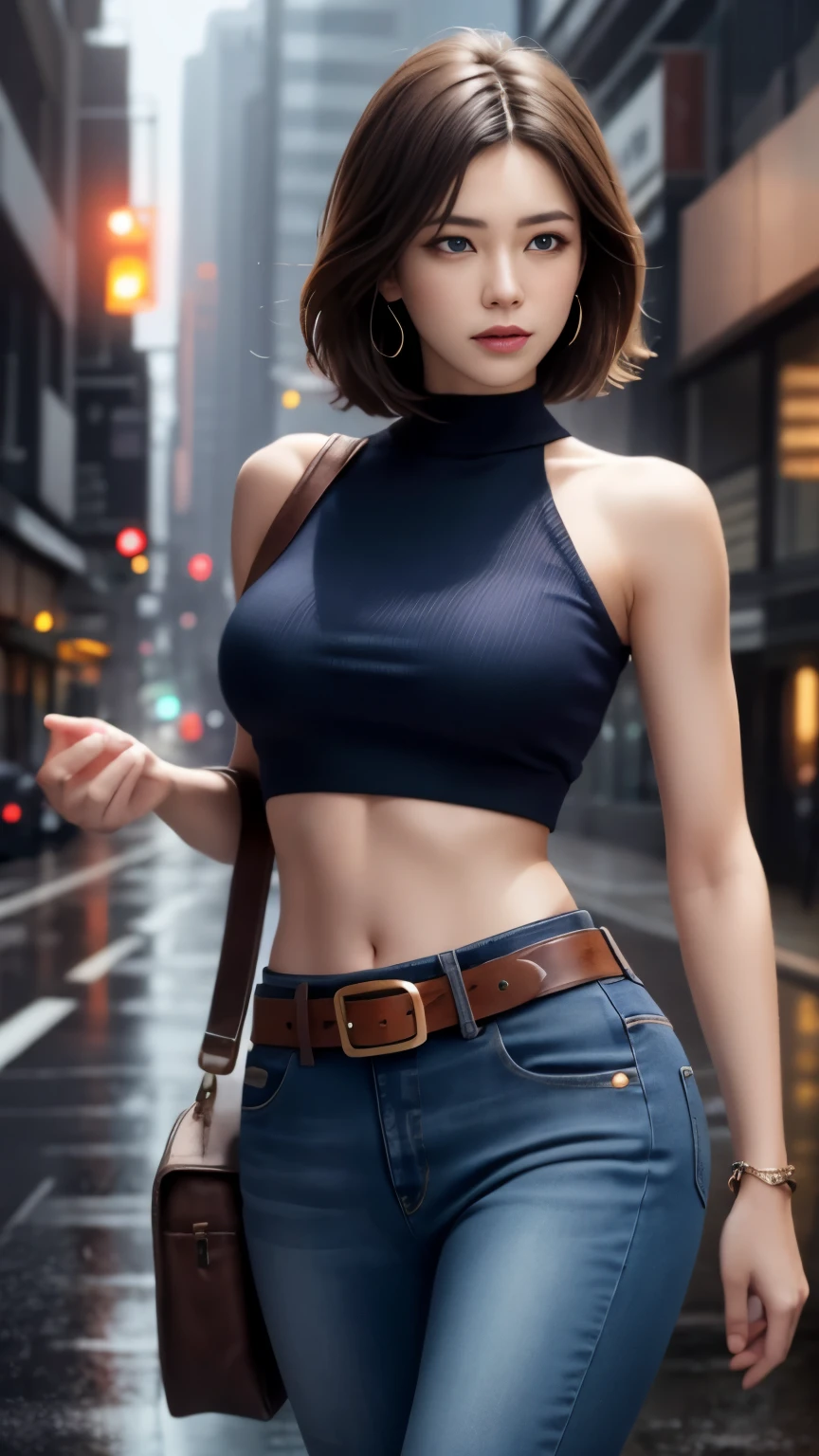 Mary MS, highest quality,(beauty), 1 girl,Physically based rendering ,ultra high resolution,(cowboy shot:1.5),tight waist, skinny, Leonam , big blue eyes,long legs,jeans,leather belt,big breasts,puffy eyes, leather belt,(rainy city), shiny skin, facing viewer, excited to fight