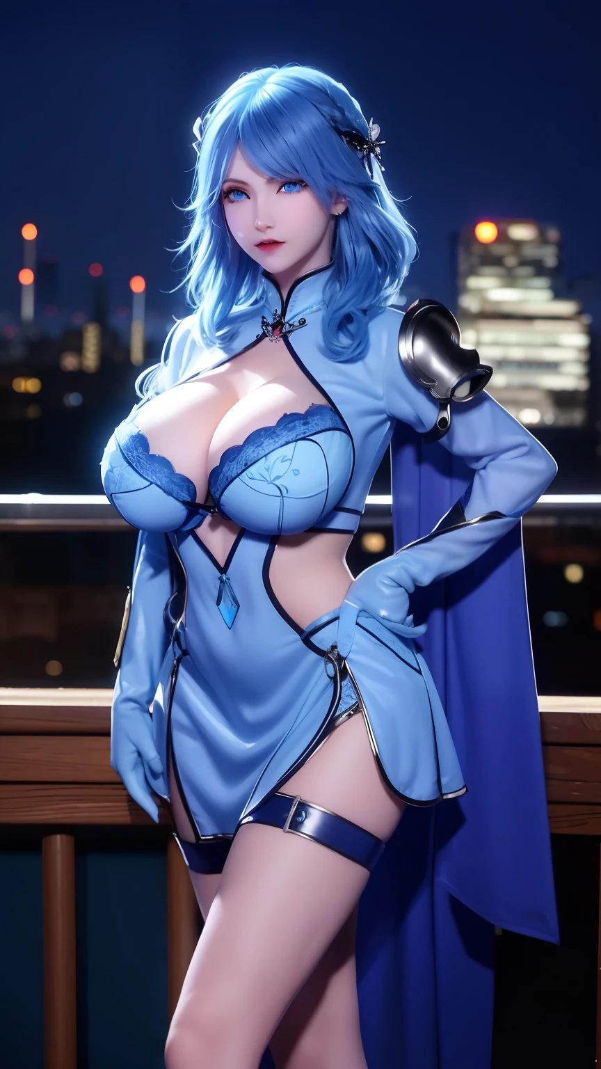 DLDL water ice tray, 1 girl, alone, blue hair, blue eyes,skirt,Single thigh high,thigh strap,long sleeves,Clothing cut, Capulet, Gloves, looking at the audience, city View, night, Sensual women, hands on hips,  big breasts，big breasts，show breasts，exposing her breasts