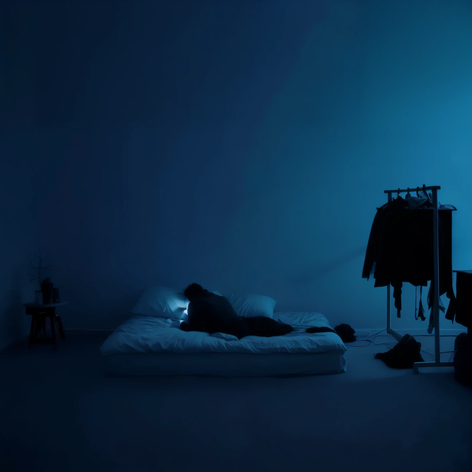 a man lies on the bed in a dark room, Someone at home is sitting in bed, dimly lit bedroom, Elsa Bleda, inspired Elsa Bleda, Dimly lit room, ghostly teen bedroom, Dark bedroom, someone sits in bed, Holosomnia, get out of a dark room, inspired by Gregory Crewdson