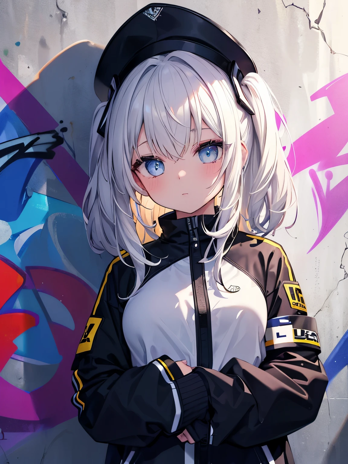 (highest quality), masterpiece, Highly detailed CG uniform 8K illustration, high collar, extremely high collar saturation, all colors deepened, paint, graffiti art, Center configuration, Highly detailed light and shadow, graffiti wall, wall painted bright, One girl's graffiti One girl is looking at the wall, highly detailed face and eyes, medium length hair, sportswear, colored clouds