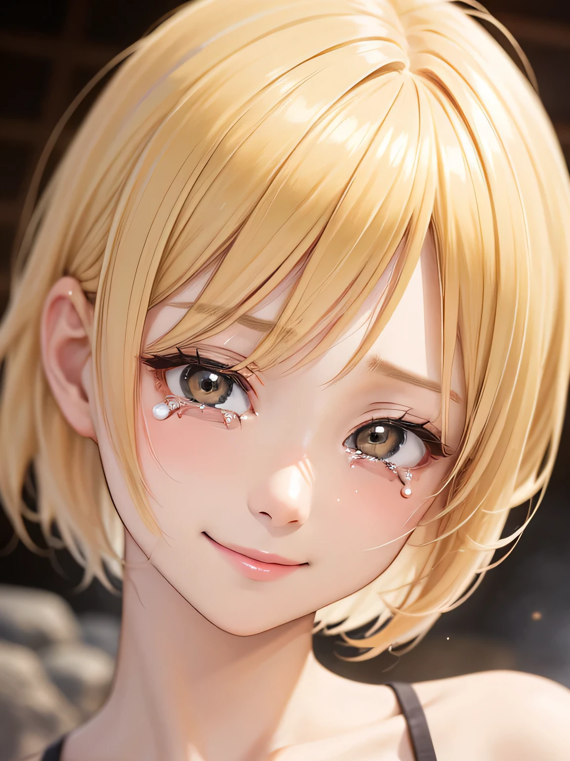 blonde、short hair、girl、close up of face、hot spring、shed tears、smile