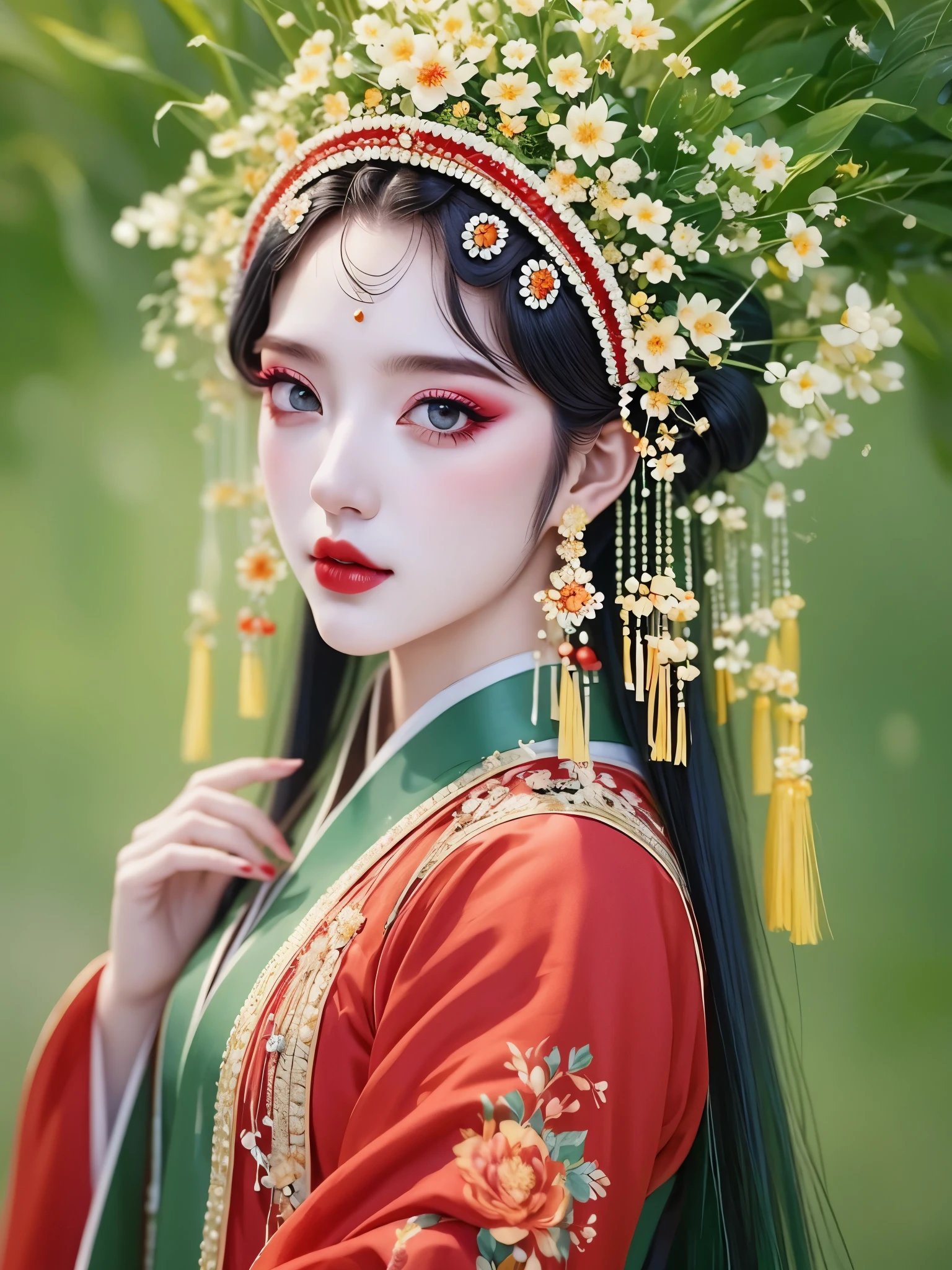 (masterpiece, best quality:1.2),Vector艺术，Vector，flat，printing，silhouette， (1 girl, alone，beautiful).（Exquisite facial features，eyelash，blush，long hair，Exquisite makeup），Crown，corolla，Hanfu，tassel，Butterfly，peony，