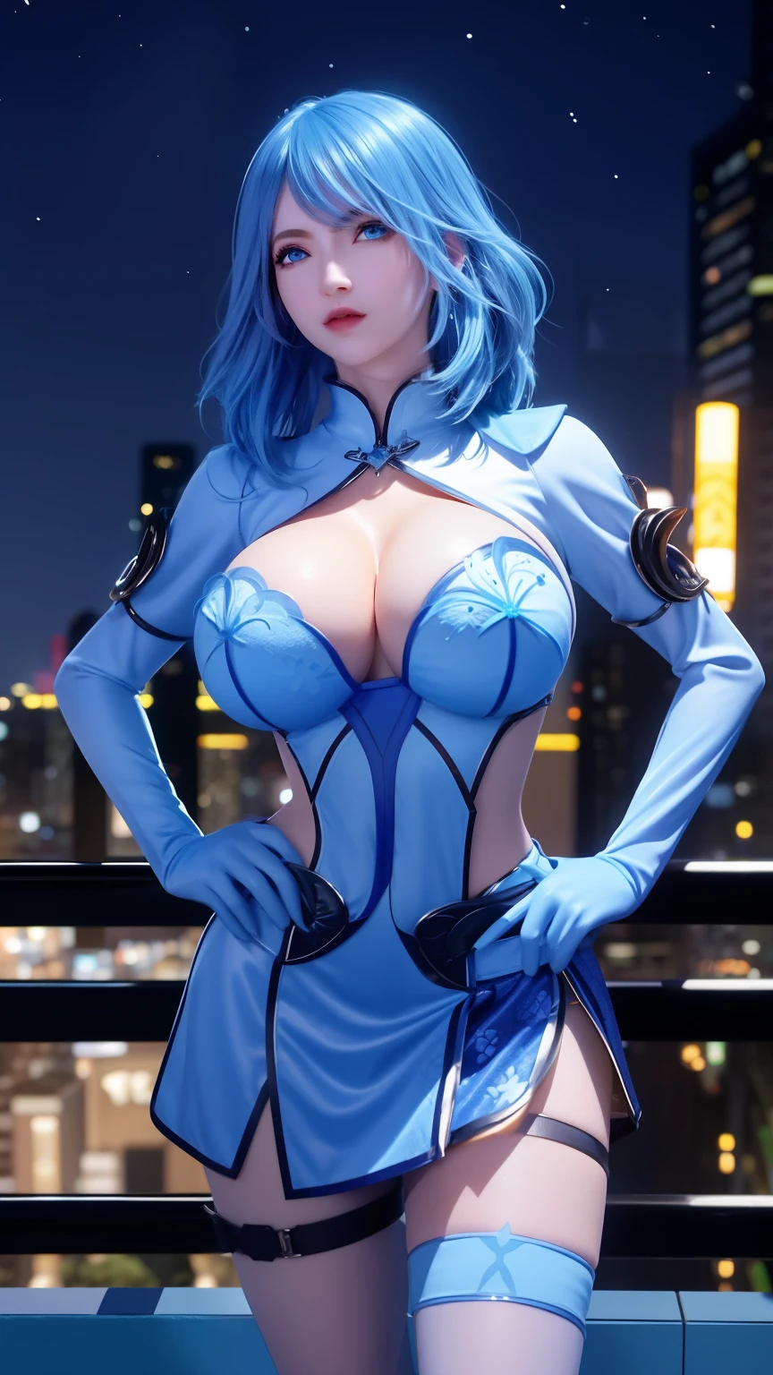 DLDL water ice tray, 1 girl, alone, blue hair, blue eyes,skirt,Single thigh high,thigh strap,long sleeves,Clothing cut, Capulet, Gloves, looking at the audience, city View, night, Sensual women, hands on hips,  big breasts，big breasts，show breasts，exposing her breasts