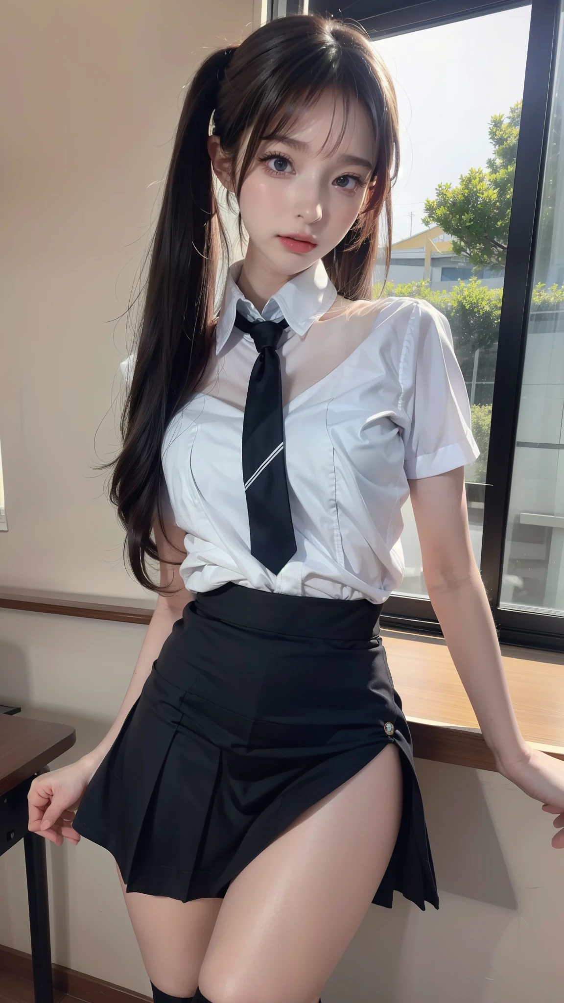 Arad woman wearing short skirt and white shirt posing for photo, Surrealism female students, Surrealism female students, actual , Realistic animation女孩渲染, stockings and skirt, 3D animation realistic, Small curves , Wearing a skirt and high socks, Realistic animation, cute female student, actual anime 3 D style, female student