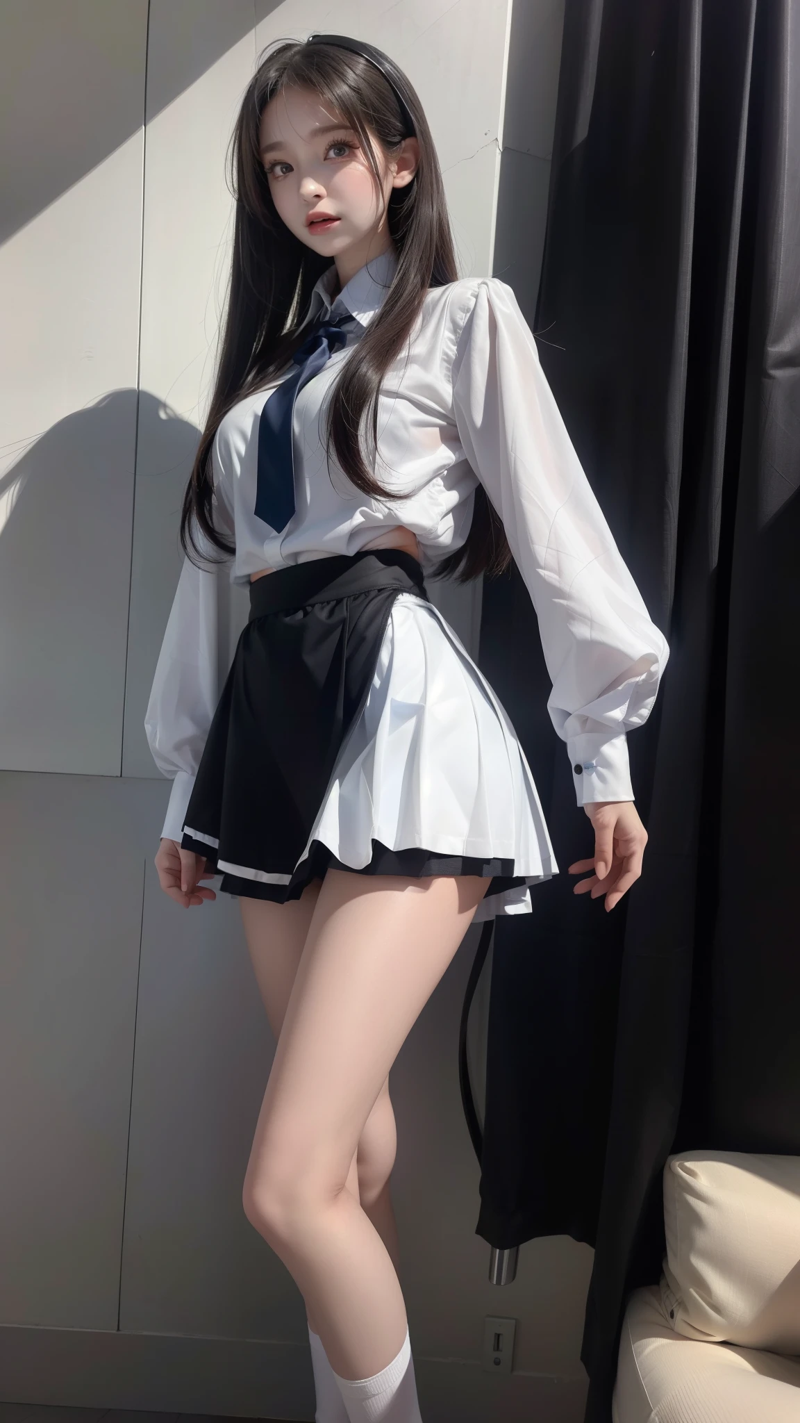 Arad woman wearing short skirt and white shirt posing for photo, Surrealism female students, Surrealism female students, actual , Realistic animation女孩渲染, stockings and skirt, 3D animation realistic, Small curves , Wearing a skirt and high socks, Realistic animation, cute female student, actual anime 3 D style, female student