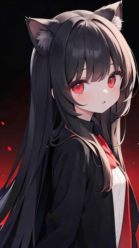 long black hair,Cat-eared girl,red eyes,behind the back,Look at the camera,dark background