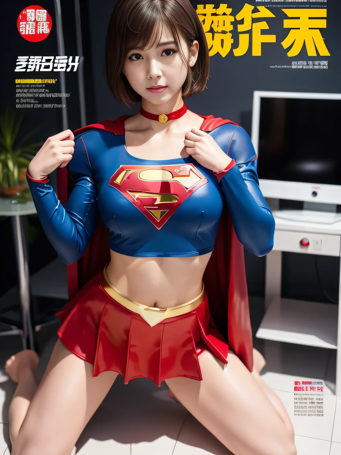 masterpiece、supergirl costume、short hair、barefoot, big and full breasts、execution stand、operating room、operating table、straddle、sweating、shiny、look at the camera、provocation、Estrus、choker、Weekly magazine cover、long sleeve、red mini skirt、obscene pose、Seduce、