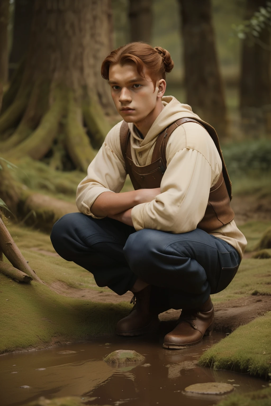 England, 1337. A young ((((16-year-old)) Wulfric)), rustic boy, strong, angular features, serious, kind, on his knees in a poodle of mud, ((furious expression)). ((((clothings from the 1300s)))), ((ginger hairstyle of the 1300s))