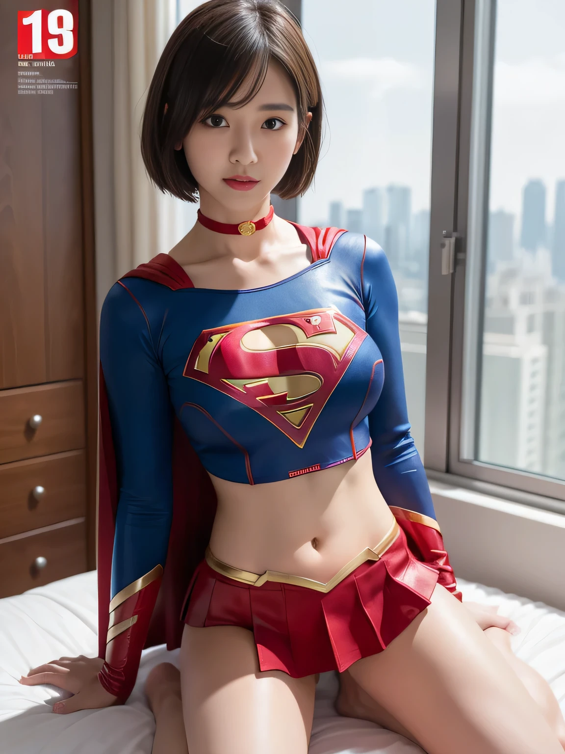 masterpiece、supergirl costume、short hair、barefoot、big and full breasts、Crisis situation、operating room、operating table、straddle、Sweat、shiny、look at the camera、provocation、Estrus、choker、Weekly magazine cover、long sleeve、red mini skirt、obscene pose、Seduce、