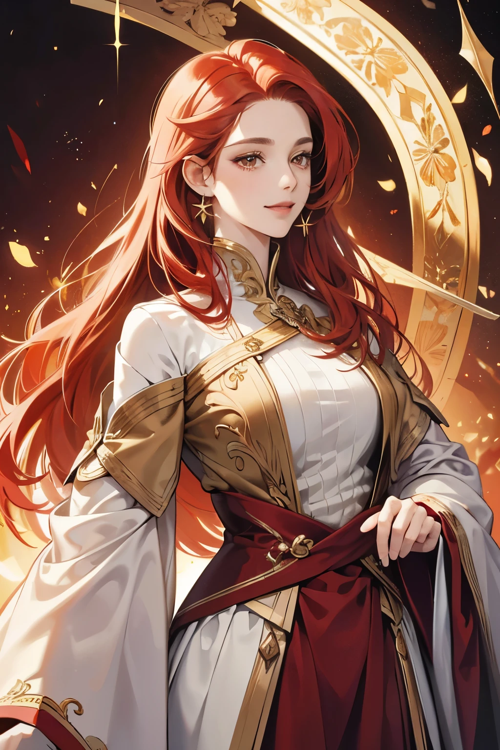 (absurd, high resolution), (panorama), a woman, mature, beautiful, tall,, exquisite, golden eyes, pale red hair, wearing noble clothes, serene expression, solo character, smile, magical, use magic