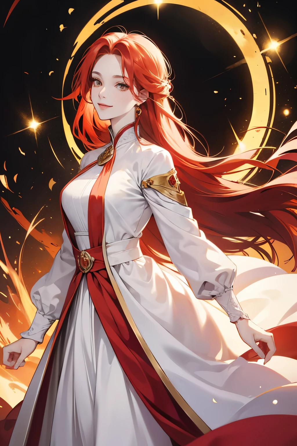 (absurd, high resolution), (panorama), a woman, mature, beautiful, tall,, exquisite, golden eyes, pale red hair, wearing noble clothes, serene expression, solo character, smile, magical, use magic