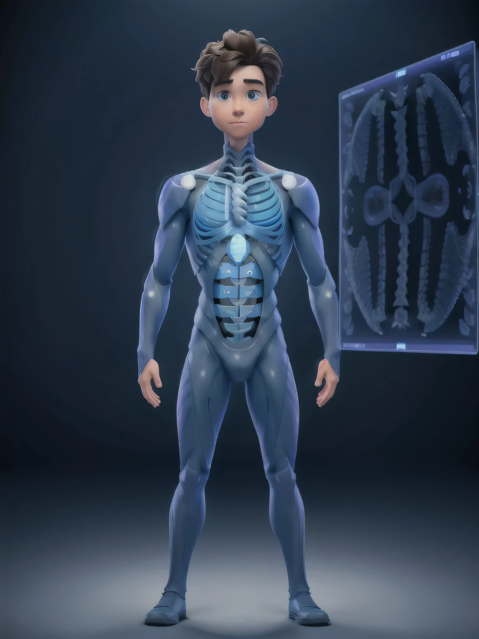 8k,ultra detailed, ultra high resolution, ultra high quality, ultra detailed body proportions, image of aboy standing behind an x-ray screen which is showing his rib cages