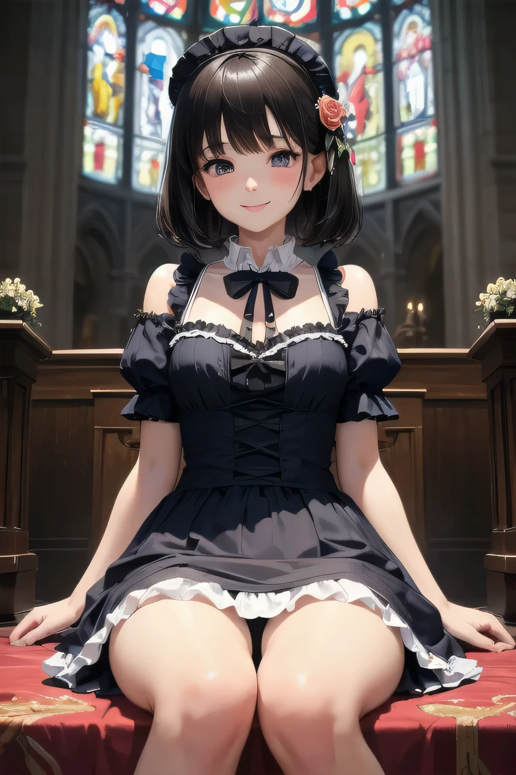 very cute and beautiful girl,(very detailed美しい顔), (smile),blush,black hair,looking at the viewer,(Floral blue ta dress with detailed ruffles),Fine lace, sitting,spread your legs,turn your arms behind your back,white panties,altar,church,indoor, (highest quality,masterpiece:1.2),disorganized,High resolution,super detailed,very detailed,32K,8K resolution, intricate details,movie-like scene,detailed background,alone,dynamic angle,