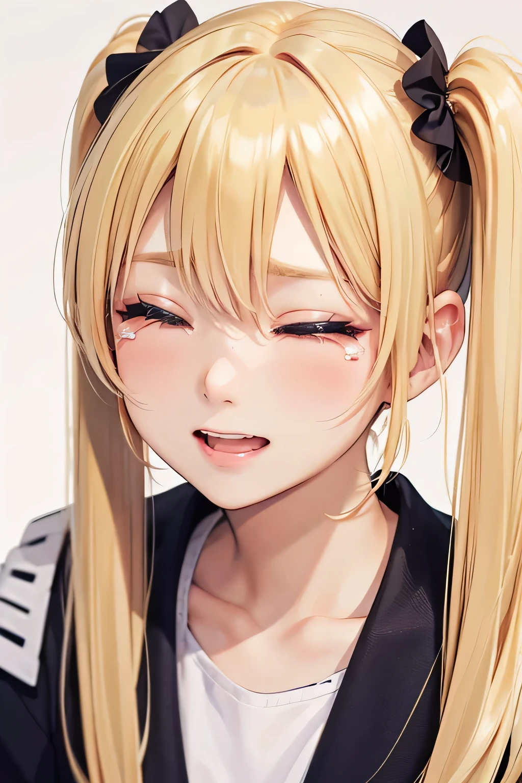 blonde、girl、twin tail hair、Close your eyes and laugh out loud、close up of face、Holding back tears