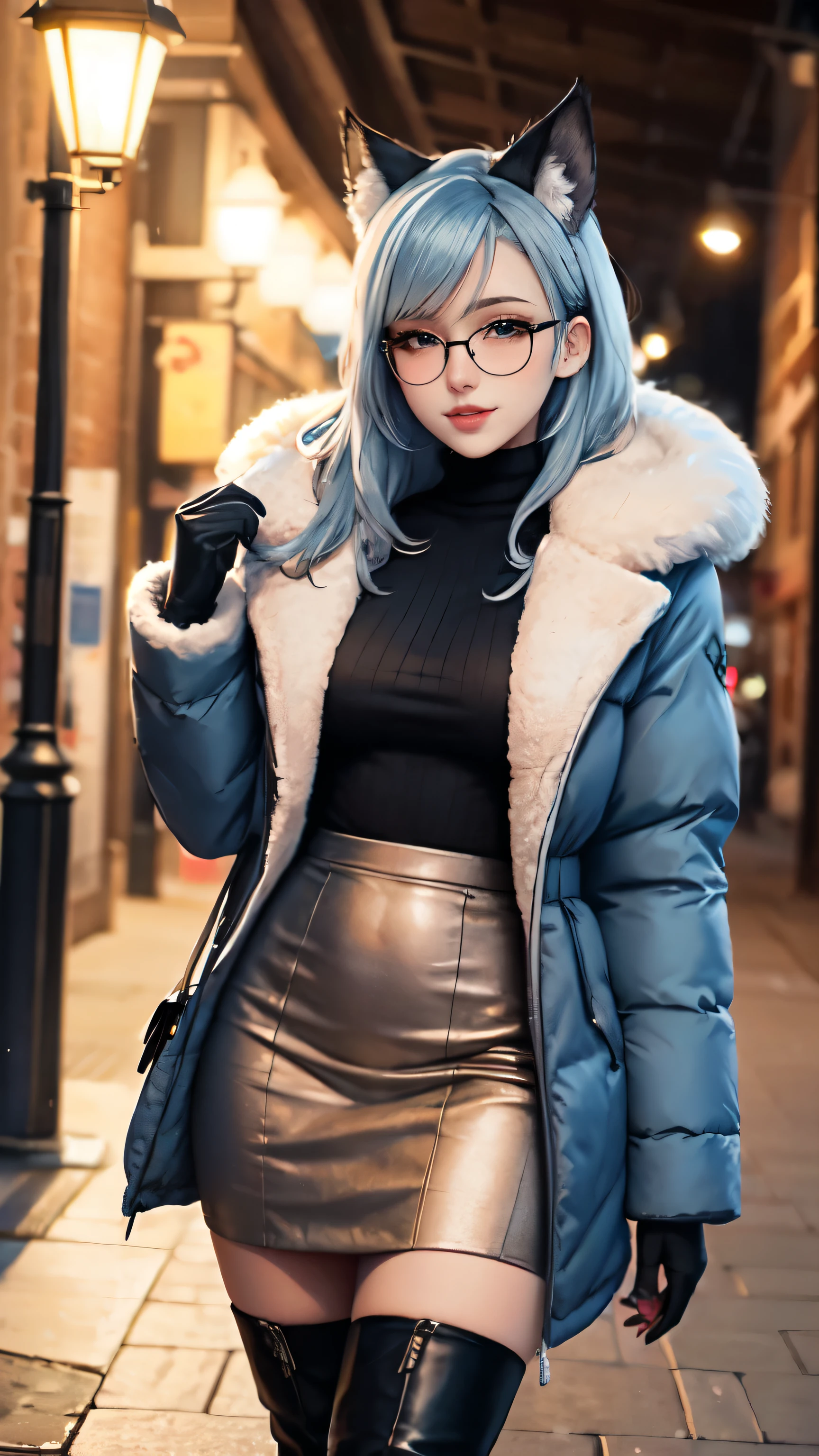 Masterpiece, Beautiful art, Professional Artist, 8K, art style by sciamano240, very detailed face, detailed hair, detailed clothing, detailed fabric, 1 girl, perfectly drawn body, Beautiful face, long hair, light blue hair , highly detailed blue cat eyes, Broad smile, wear fashionable winter clothes , Winter coat,black thigh-high boots, black pencil skirt, glasses, gloved, plump lips , Pink cheeks, evening winter setting, , show details in the eyes, close-up, I look at the viewer, I'm walking along the sidewalk, shoulder wallet,