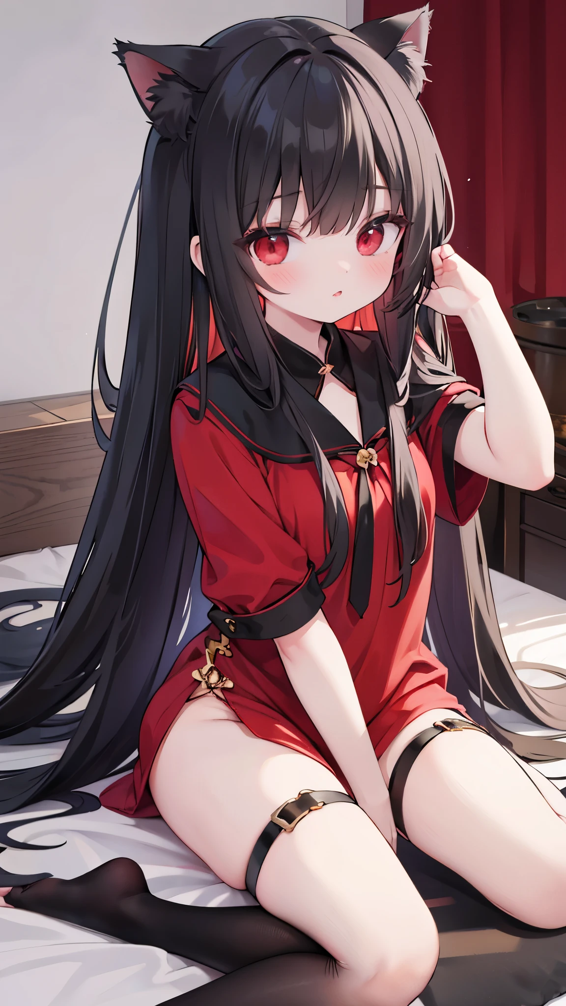 long black hair，Cat-eared girl，red eyes，estrus，