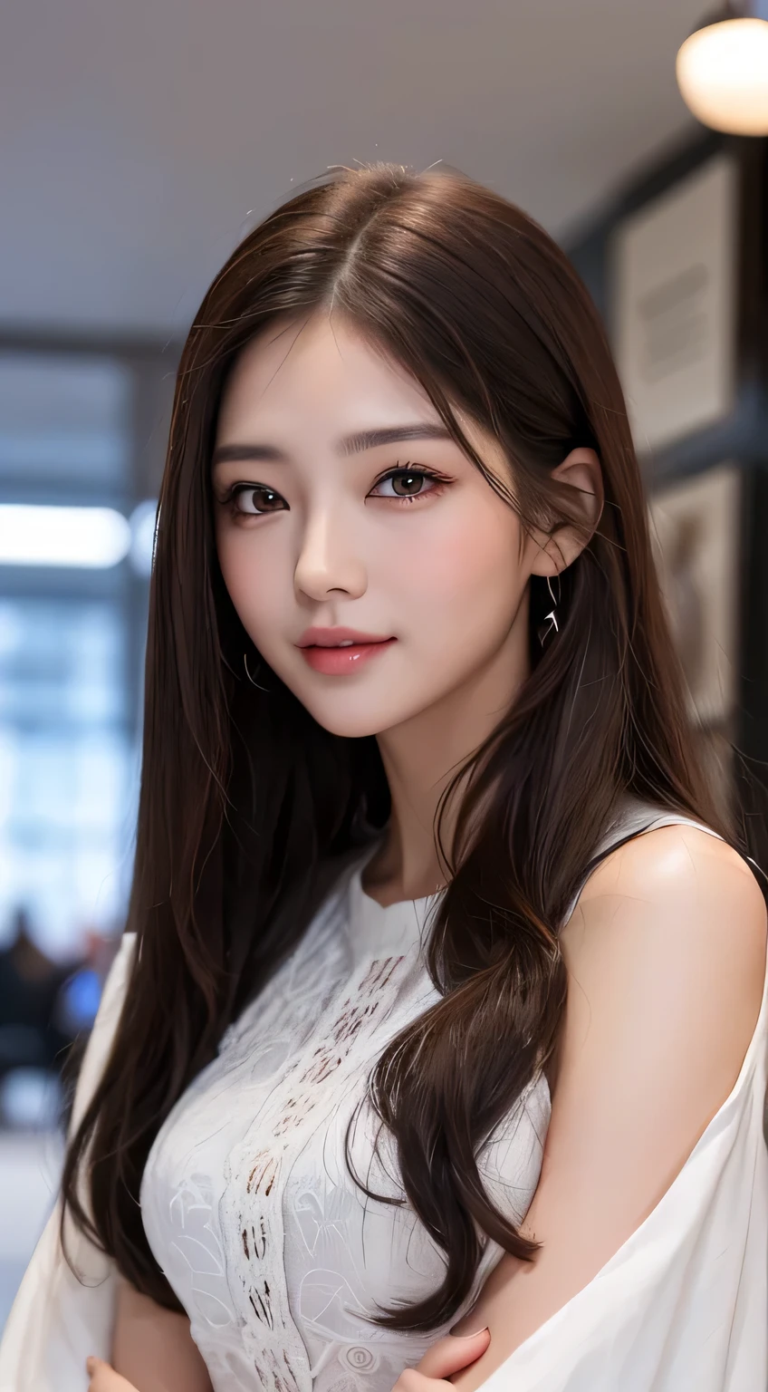 intense realism，（highest quality，4k，masterpiece：1.3），Beautiful woman，1 girl，dark brown hair：1.1,super detailed face，lip details，detailed eye，double eyelid、big black eyes、laughter、long hair、winter、company employee