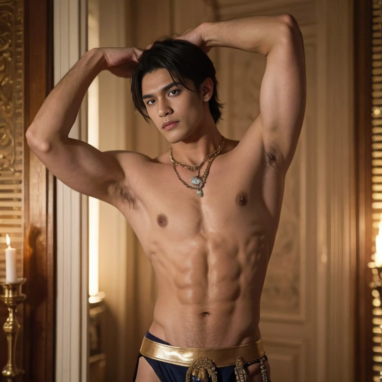 a man in a billowing gold chiffon male belly dance outfit is posing for a picture, handsome prince of persia, attractive male deity, brown skin man egyptian prince, beautiful androgynous prince, ashoka tano, delicate androgynous prince, hindu aesthetic, djinn human hybrid, handsome prince, heroic masculine pose, prince, male warrior, djinn man male demon, persian warrior, beautiful face , string thong , big thghs , full length shot
