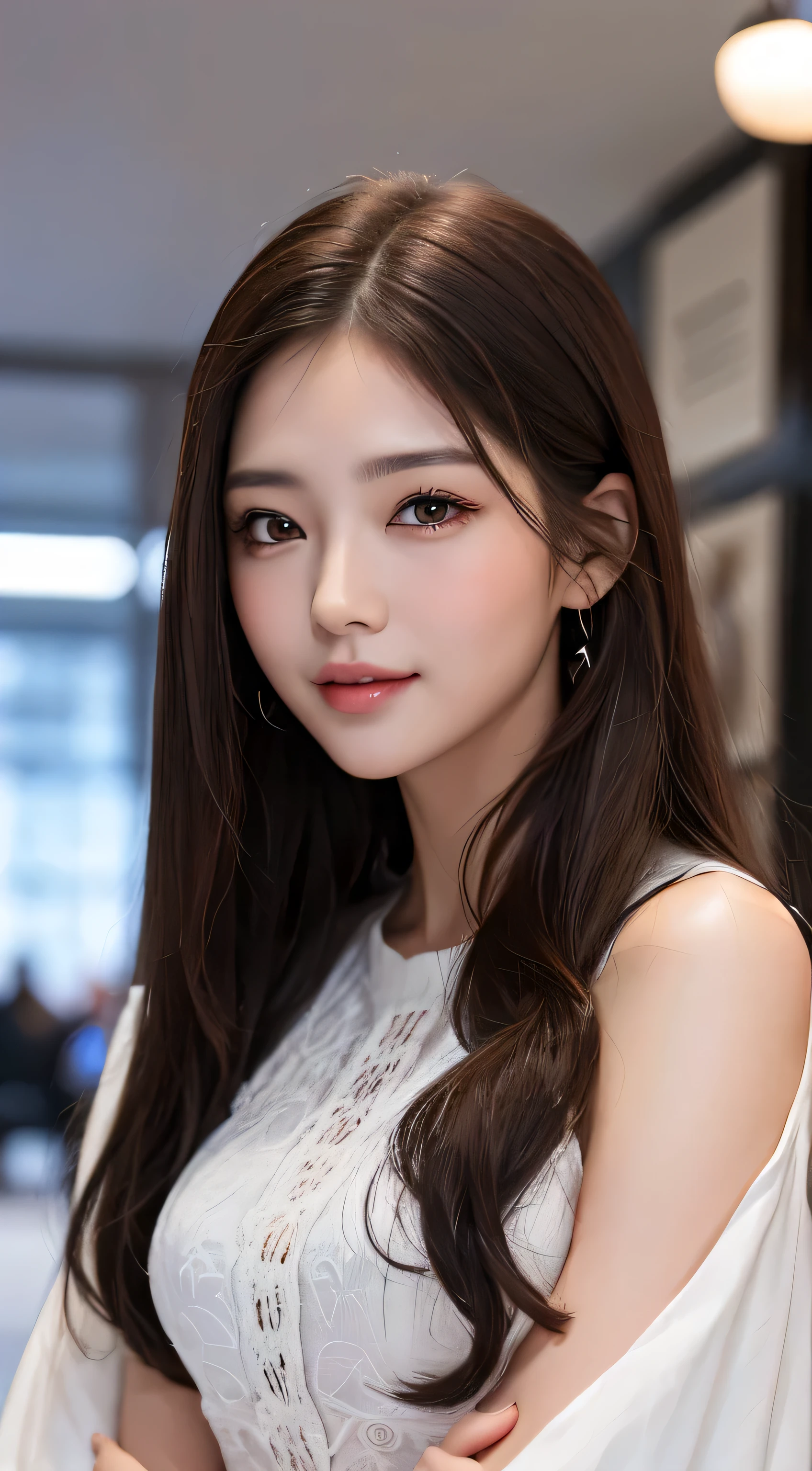 intense realism，（highest quality，4k，masterpiece：1.3），Beautiful woman，1 girl，dark brown hair：1.1,super detailed face，lip details，detailed eye，double eyelid、big black eyes、laughter、long hair、winter、company employee