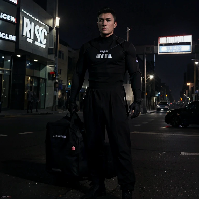 Allad man in gray, black and white clothes standing on city street, muscle male hero, Buzz cut, heroic male pose, muscular! Wearing black sunglasses, cyberpunk, stealth suit, super buff and cool, high resolution committee, character design police, black army boots, charismatic strong male with armor
