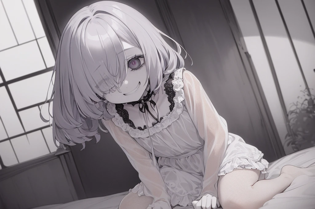 (6 year old girl,one girl,,pale skin,,Eyes without highlights,No expression,see-through nightgown,,,,),,,,(cute:1.2),,,(masterpiece, highest quality, Super detailed, focus on character),,Low - Angle,,,sit on bed,,,hair over both eyes,magersucht,morbid mood,sicko creep,,unwholesome pallor,morbid fascination,morbid phenomenon,pathological laughing,diseased state,morbid condition,grin,,,,,,,,,,,,,,,,,