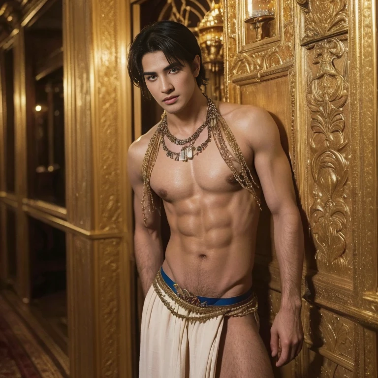 a man in a billowing gold chiffon male belly dance outfit is posing for a picture, handsome prince of persia, attractive male deity, brown skin man egyptian prince, beautiful androgynous prince, ashoka tano, delicate androgynous prince, hindu aesthetic, djinn human hybrid, handsome prince, heroic masculine pose, prince, male warrior, djinn man male demon, persian warrior, beautiful face , string thong , big thghs , full length shot , foot , big buttocks