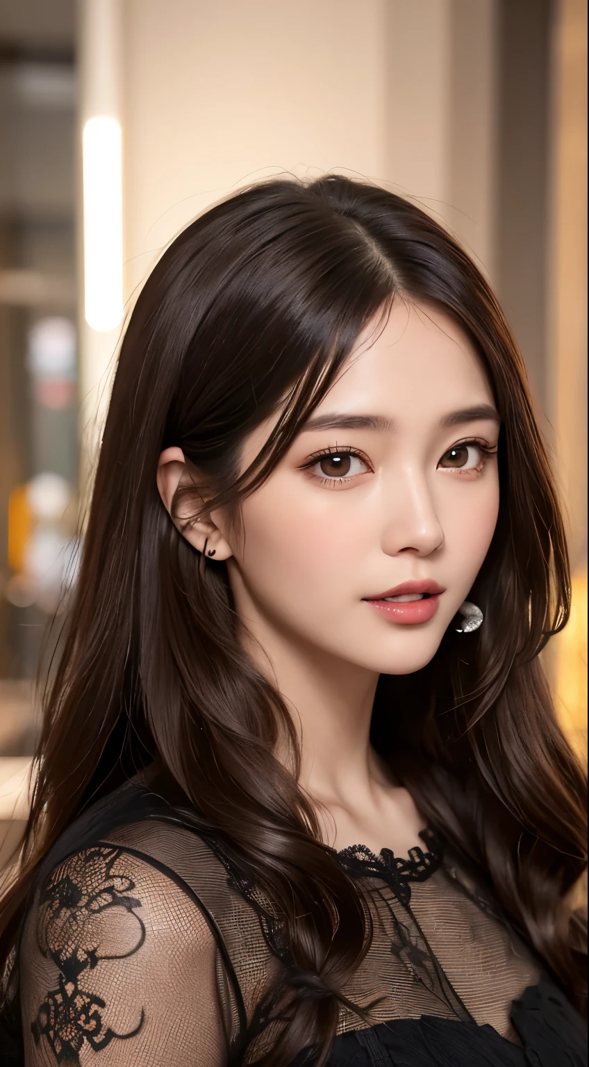intense realism，（best quality，4k，master piece：1.3），Beautiful woman，1 girl，dark brown hair：1.1,super detailed face，lip details，detailed eye，double eyelid、big black eyes、laughter、long hair、winter、company employee