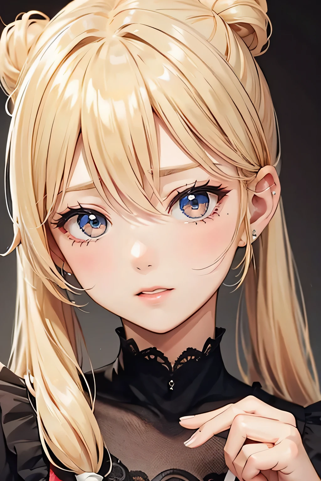 blonde、girl、twin tail hair、Please smile often、close up of face、Raised eyebrows、shed tears
