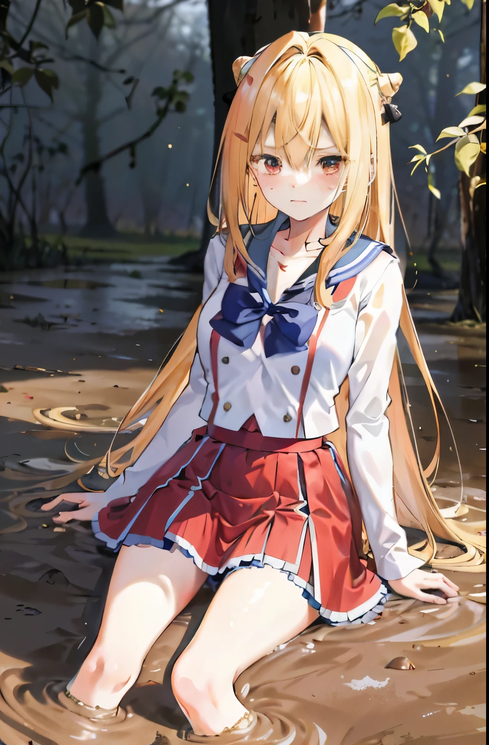 "(best quality,ultra-detailed), A girl with long blonde hair, making eye contact with the audience, feeling embarrassed and blushing, shedding tears, wearing a sailor uniform with a red shirt, pleated skirt and mini skirt, slim waist, feeling dizzy. She has a collar around her neck, full chest, wide hips, perfect waistline. The atmosphere is in daylight, giving off a timeless vibe. She is struggling in a muddy swamp, with her legs sinking into the mud, a look of desperation on her face (desperation:1.0). Covered in mud stains."