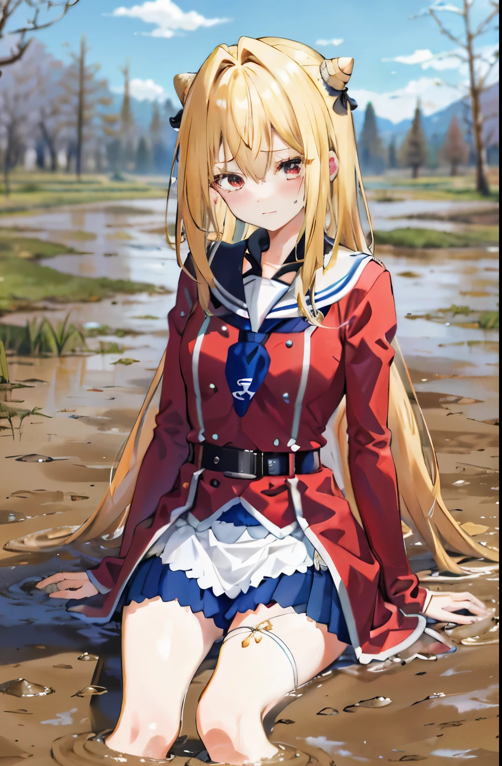 "(best quality,ultra-detailed), A girl with long blonde hair, making eye contact with the audience, feeling embarrassed and blushing, shedding tears, wearing a sailor uniform with a red shirt, pleated skirt and mini skirt, slim waist, feeling dizzy. She has a collar around her neck, full chest, wide hips, perfect waistline. The atmosphere is in daylight, giving off a timeless vibe. She is struggling in a muddy swamp, with her legs sinking into the mud, a look of desperation on her face (desperation:1.0). Covered in mud stains."