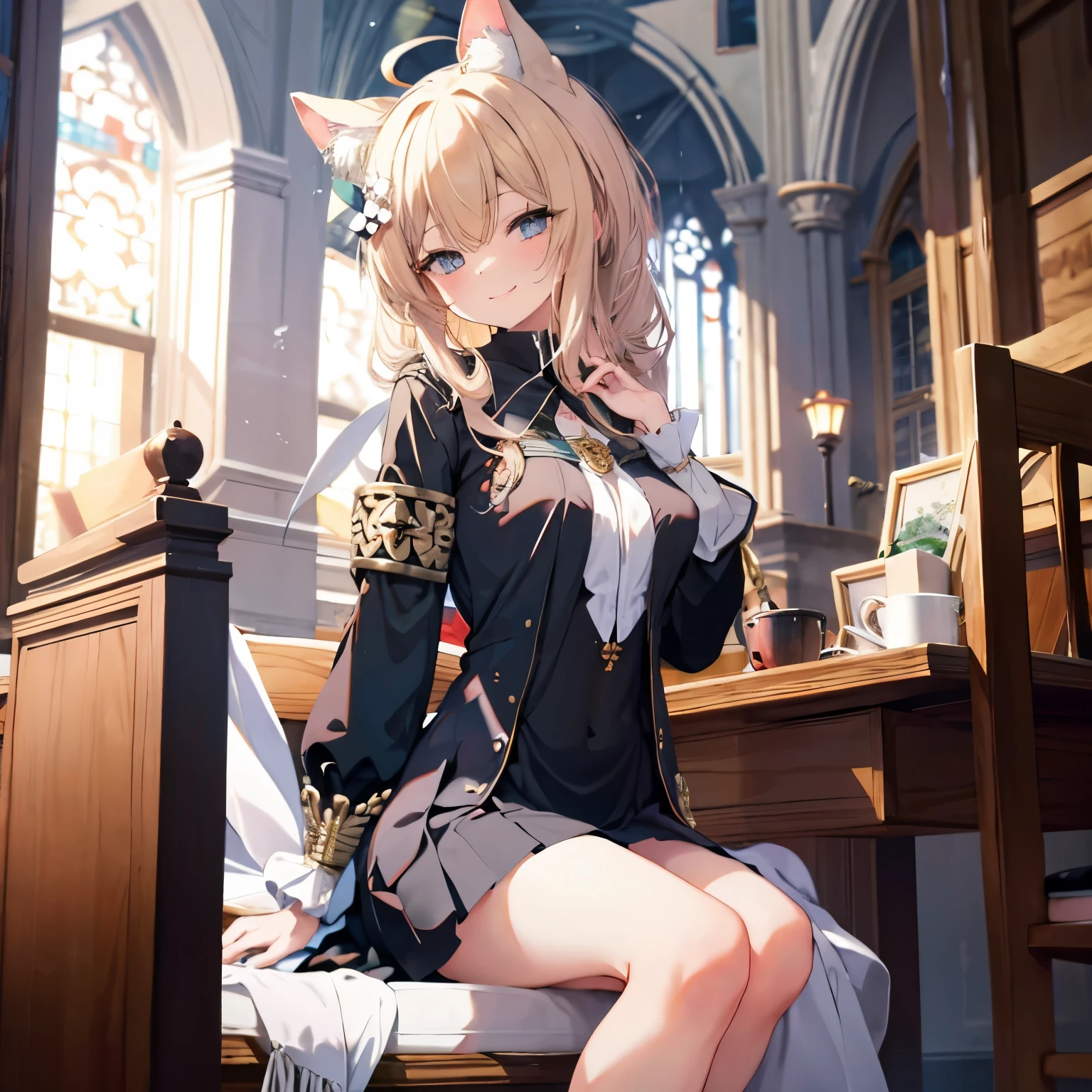 masterpiece,1girl, sparrow, a blonde haired girl, wearing a priestess uniform, curly long hair, messy hair, black skirt, slim body, big breasts, she close her left eye, shirt ornament, ****ppai, naughty smile, beautiful breasts, rounded breasts, red' eyes, dress, miniskirt, sit at cathedral congregation chair, ahoge, barbara, cathedral, invites for sit together, cat ears