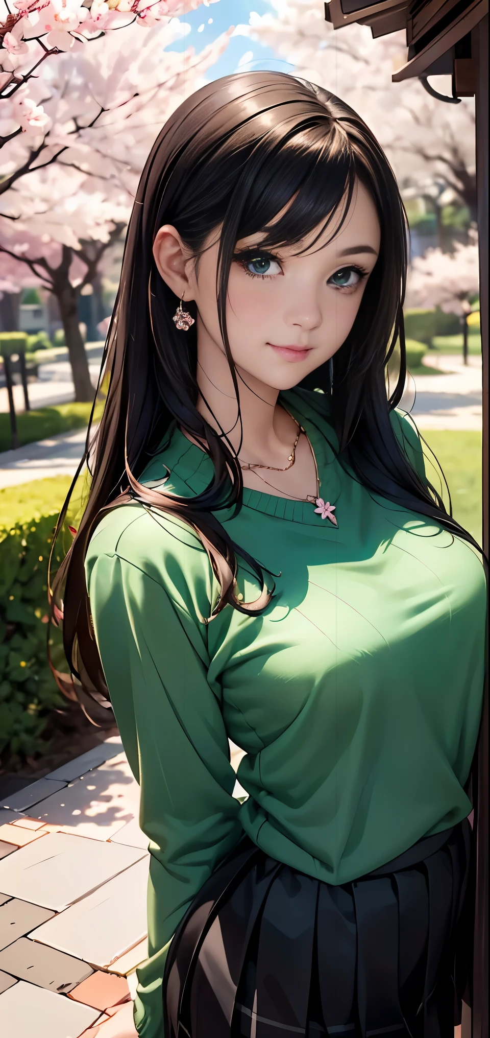 ((table top, highest quality, High resolution, nffsw, perfect pixel, Depth of written boundary, 4k, nffsw, nffsw))), 1 girl, single, alone, beautiful anime girl, beautiful art style, anime character, ((long hair, bangs, brown hair)), ((green eyes:1.4, round eyes, beautiful eyelashes, realistic eyes)), ((detailed face, blush:1.2)), ((smooth texture:0.75, realistic texture:0.65, realistic:1.1, Anime CG style)),  dynamic angle, ((black sweater, long sleeve, black skirt, plaid skirt, Snazzy, 1 diamond necklace)), smile,  amusement park, ((cherry blossoms, cherry blossomsの花が散る))