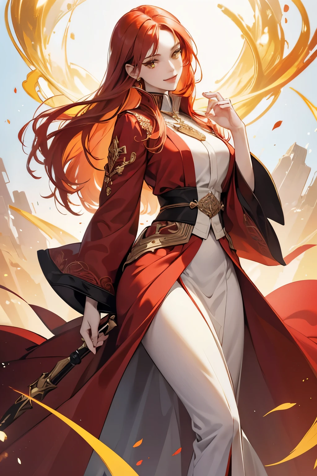 (absurd, high resolution), (panorama), a woman, mature, beautiful, tall,, exquisite, yellow eyes, pale red hair, wearing noble clothes, red clothes, serene expression, solo character, smile, magical, use magic, sexy, elegant