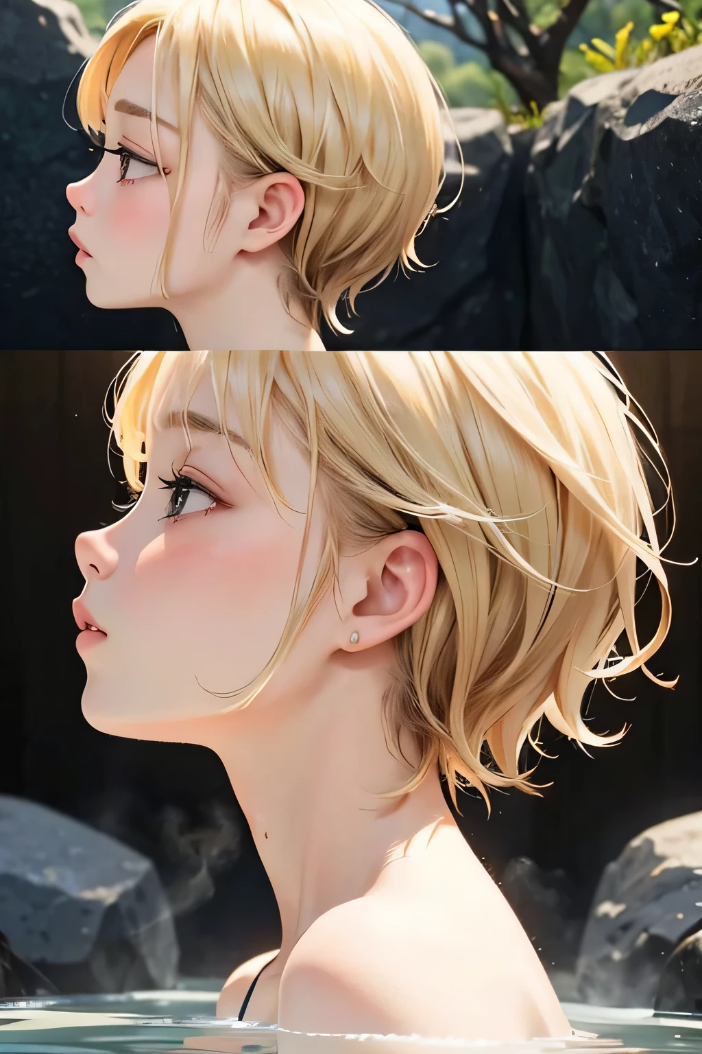 blonde、short hair、girl、close up of face、hot spring、profile、look down