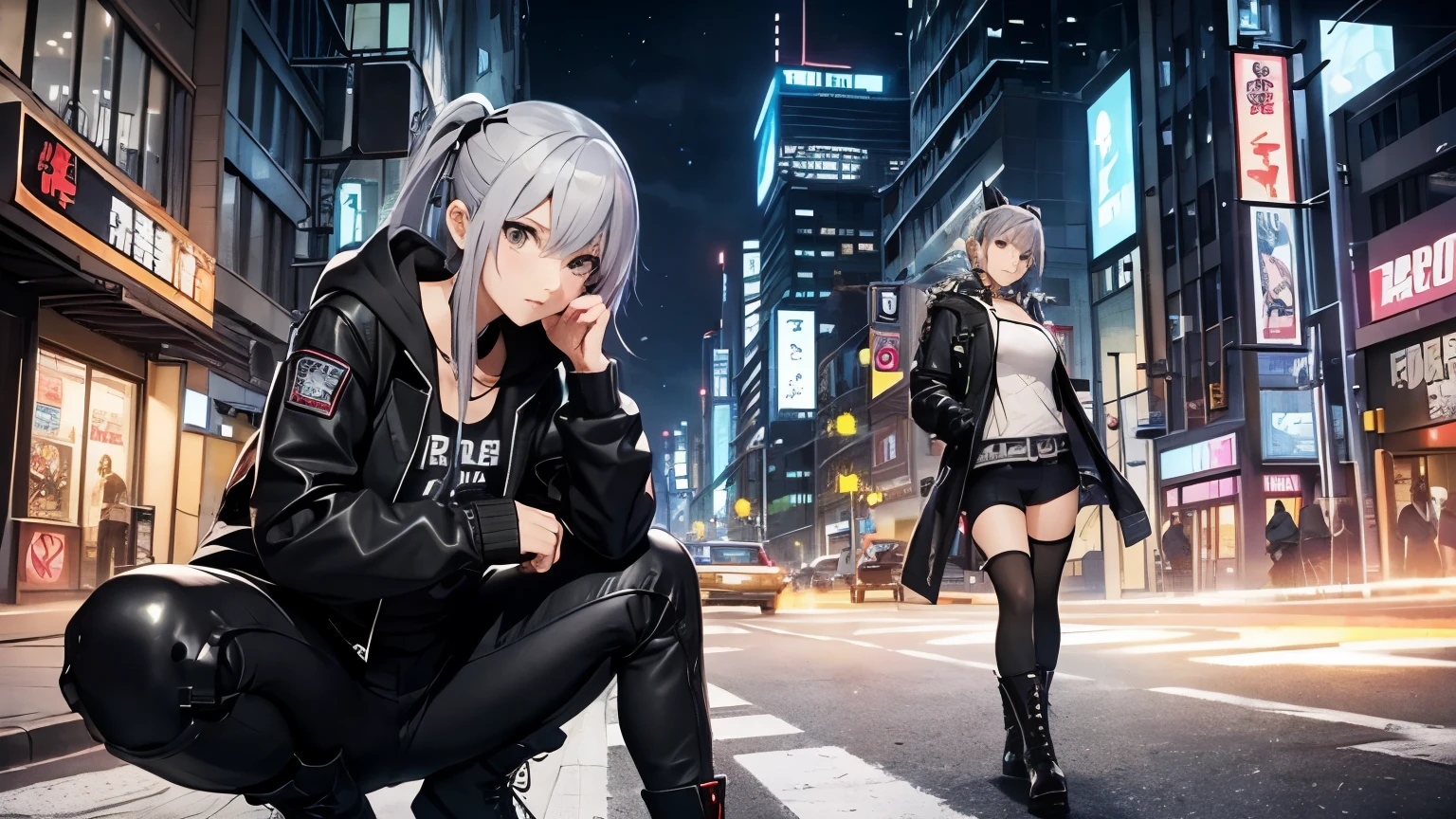 high quality、cyber punk、girl２people、mechanic、comical、anime style etc.、gray hair、bike、leather jacket、punk coloring、city、ナイトcity、Street style、graffiti、hoodie、middle age、tall woman、military、Knee-high boots、weapons、night、二people組、teammates、The touch of the picture is black lagoon style