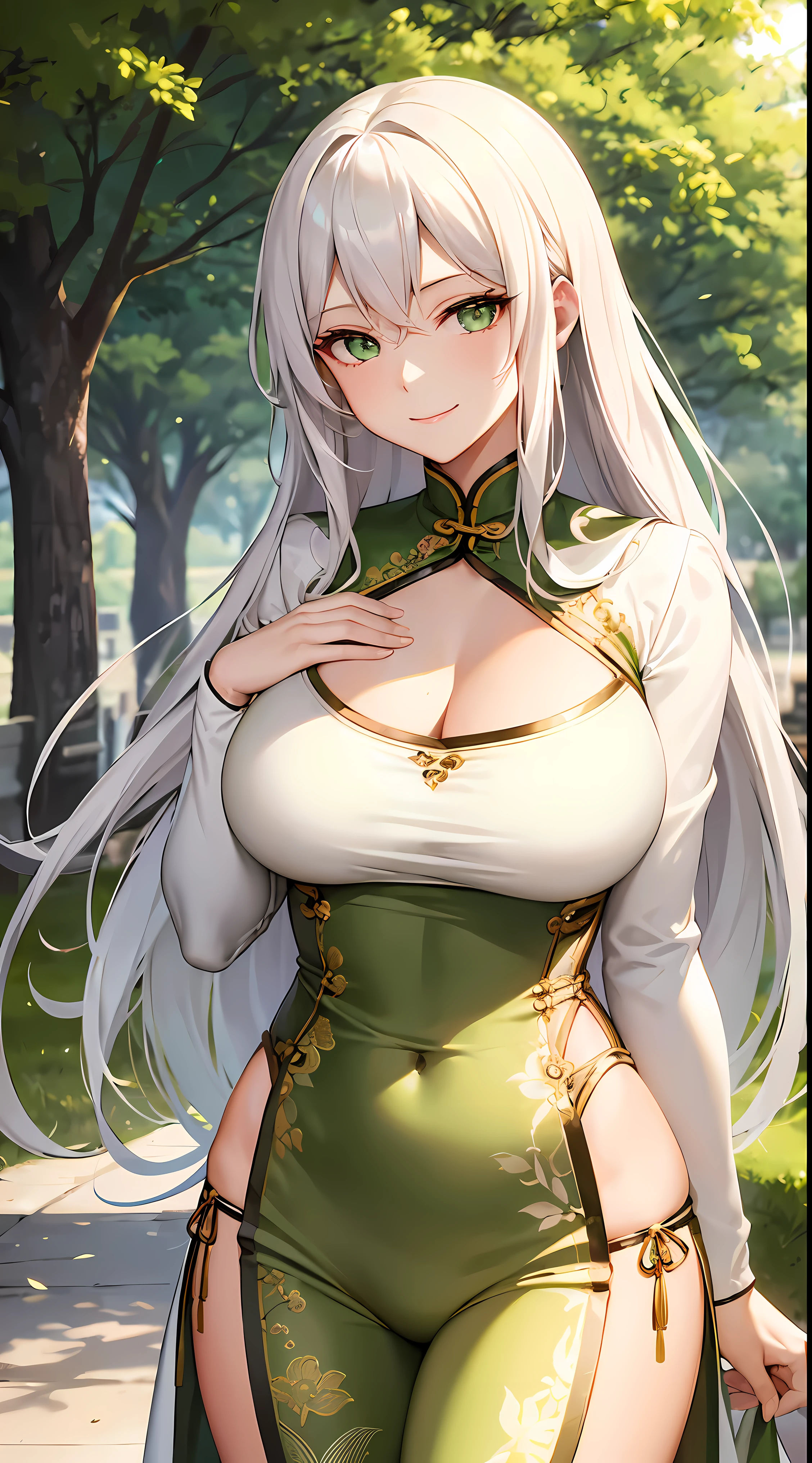 Mature Woman, long white hair, Green eyes, Green Chinese Tight Top, Chinese pretty pattern, Bust neckline, focus solo, looking at the viewer, exposed breasts, Baggy pants, Gold Elements, smile, mastepiece, hiquality, in the park
