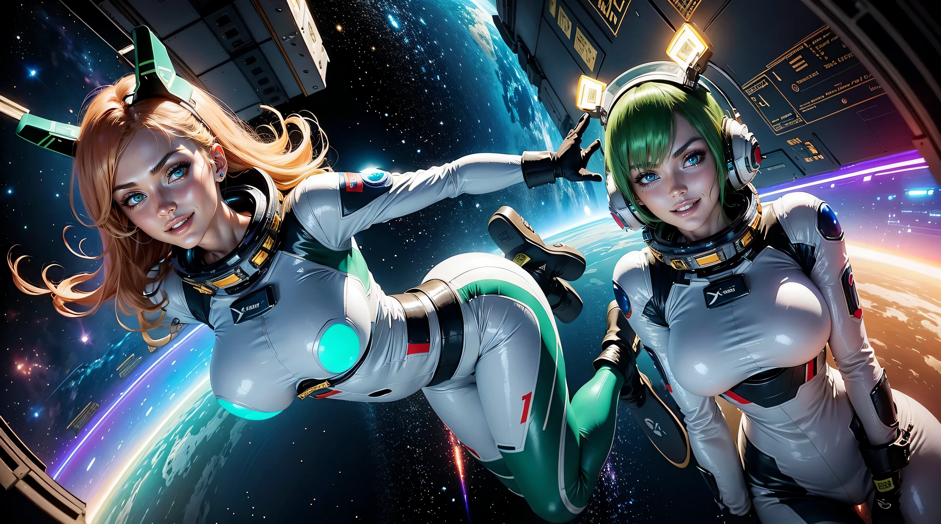 gorgeous megan fox, katy perry, kate upton with golden short strawberry red and lime green hair in pigtails, ((full body pose)) ((( amazing space suits with glowing lights floating in zero gravity in space station ))) 2 girls dark makeup,blue eyes,(((smiling at camera))), beautiful grown women, (( large breasts)),ultra detailed,realistic, fantasy art, amazing lighting, space ship background at night with neon lights, amazing lighting